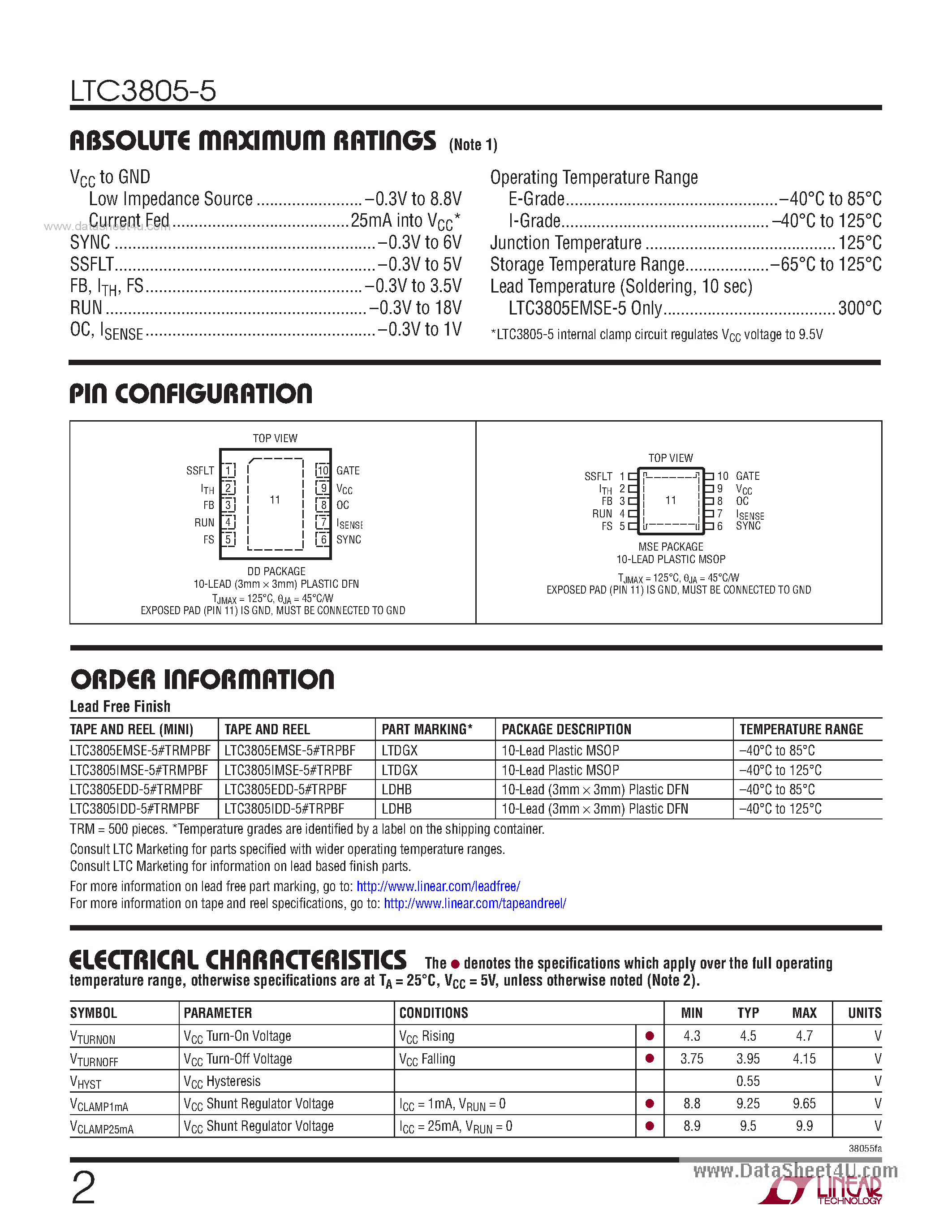 Datasheet LTC3805-5 - Adjustable Frequency Current Mode Flyback DC/DC Controller page 2