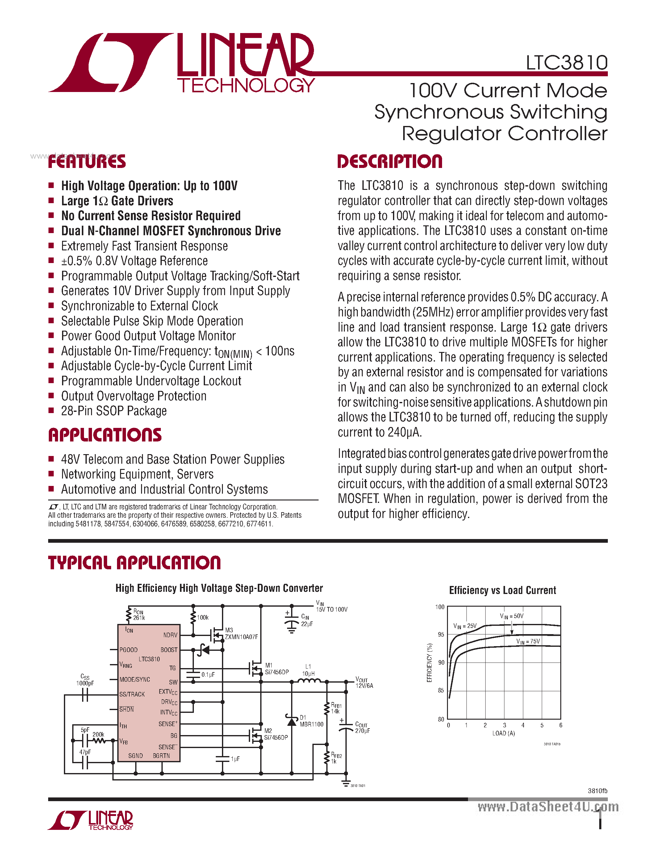 Datasheet LTC3810 page 1 Datasheet LTC3810 - 100V Current Mode Synchronous Switching Regulator Controller page 1