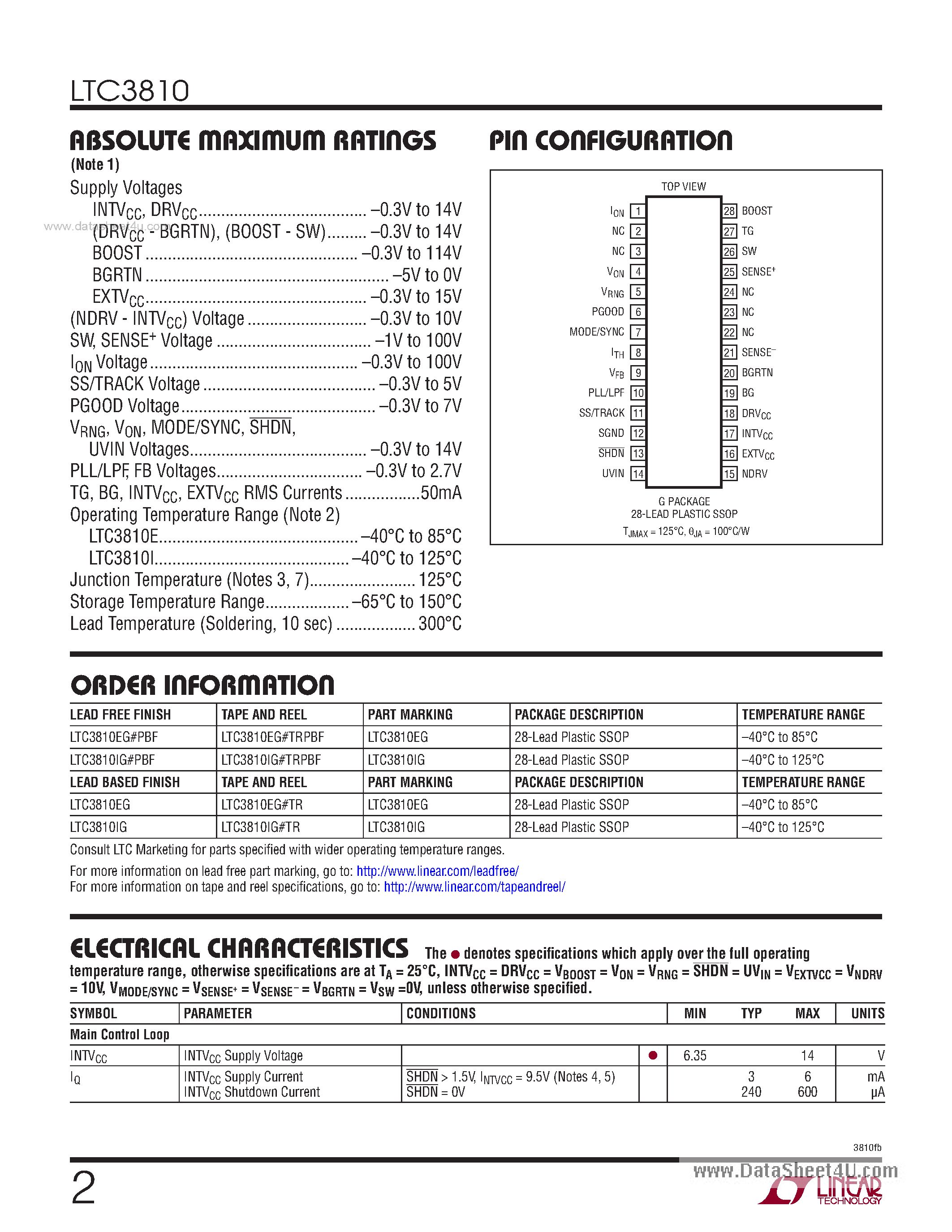 Datasheet LTC3810 page 2 Datasheet LTC3810 - 100V Current Mode Synchronous Switching Regulator Controller page 2