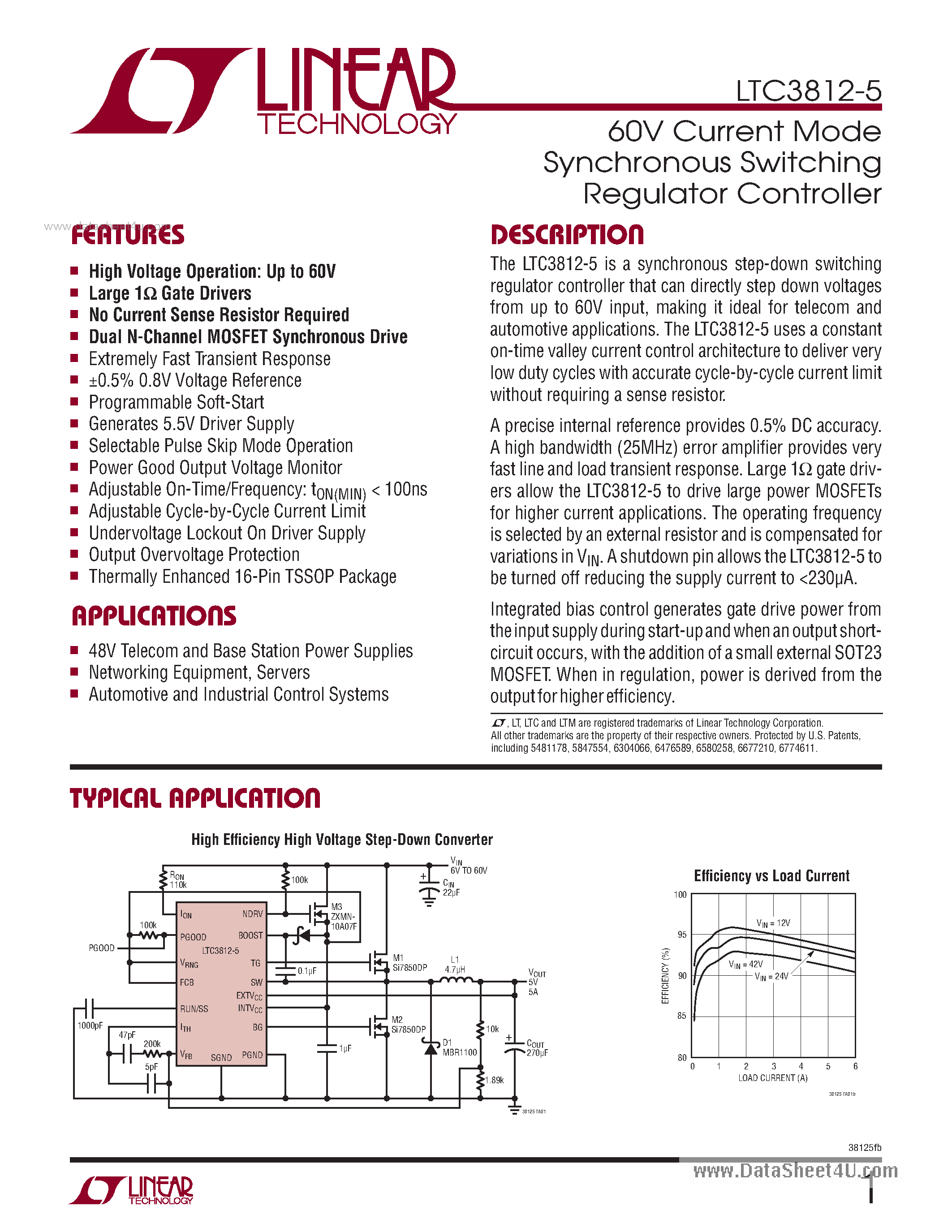 Datasheet LTC3812-5 - 60V Current Mode Synchronous Switching Regulator Controller page 1