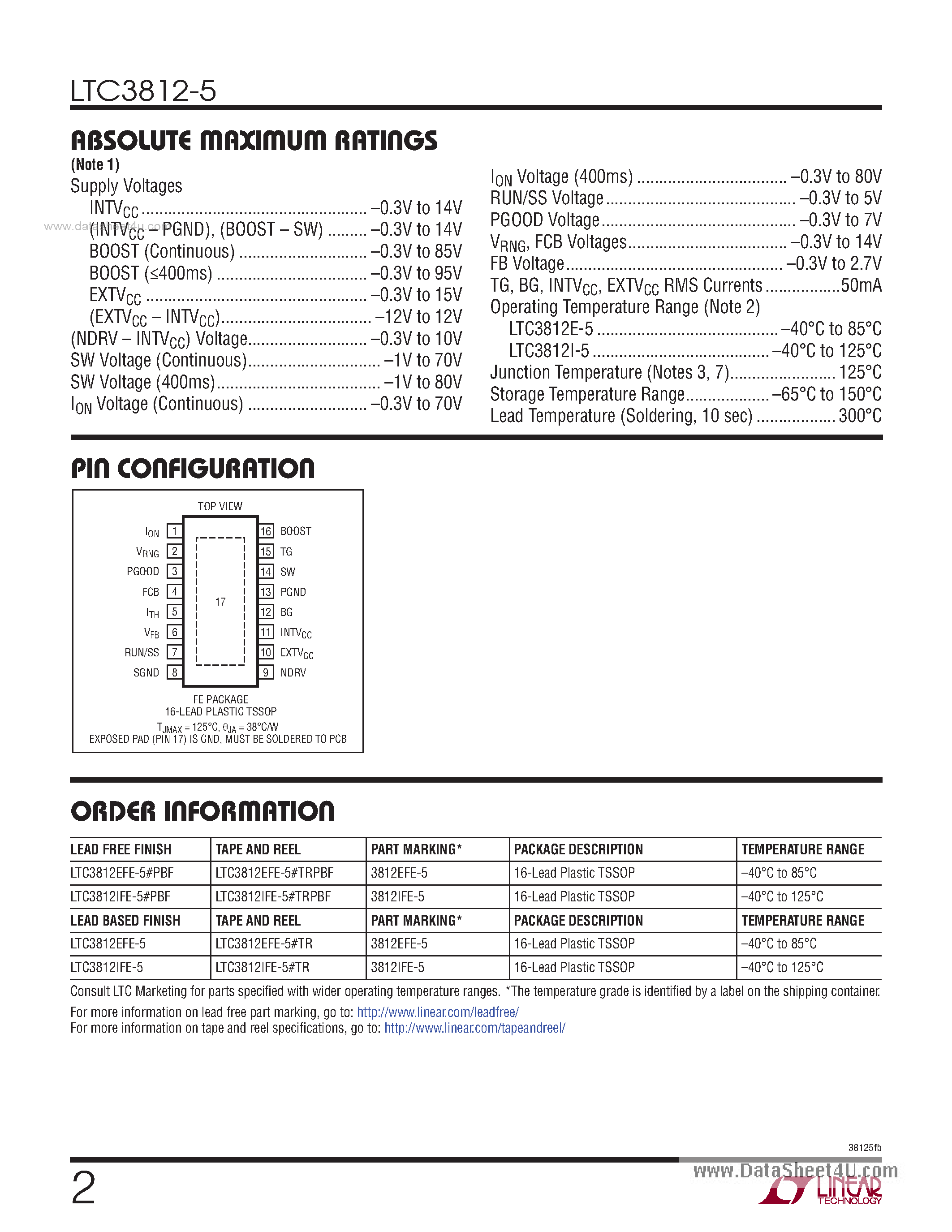 Datasheet LTC3812-5 - 60V Current Mode Synchronous Switching Regulator Controller page 2