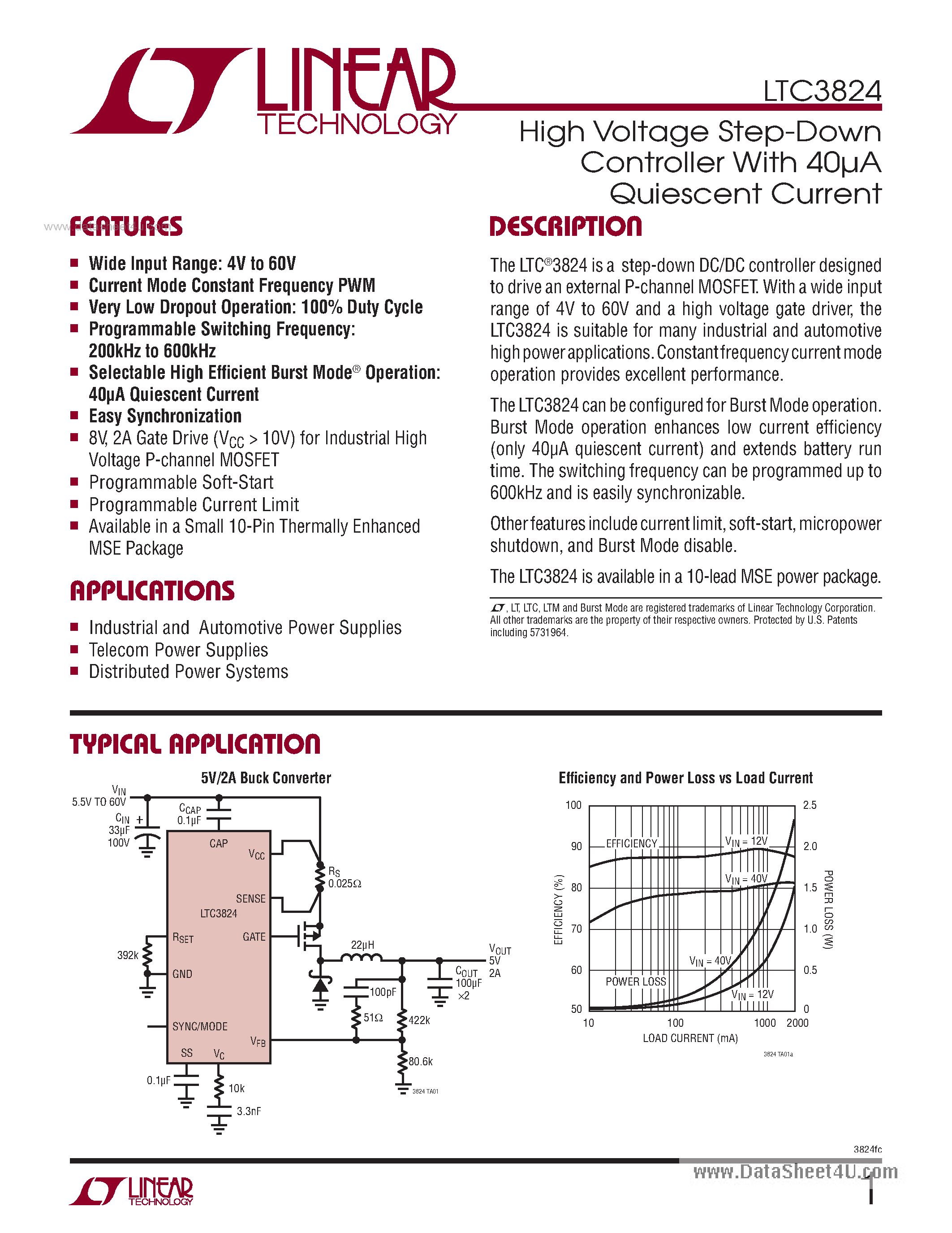 Datasheet LTC3824 - High Voltage Step-Down Controller page 1