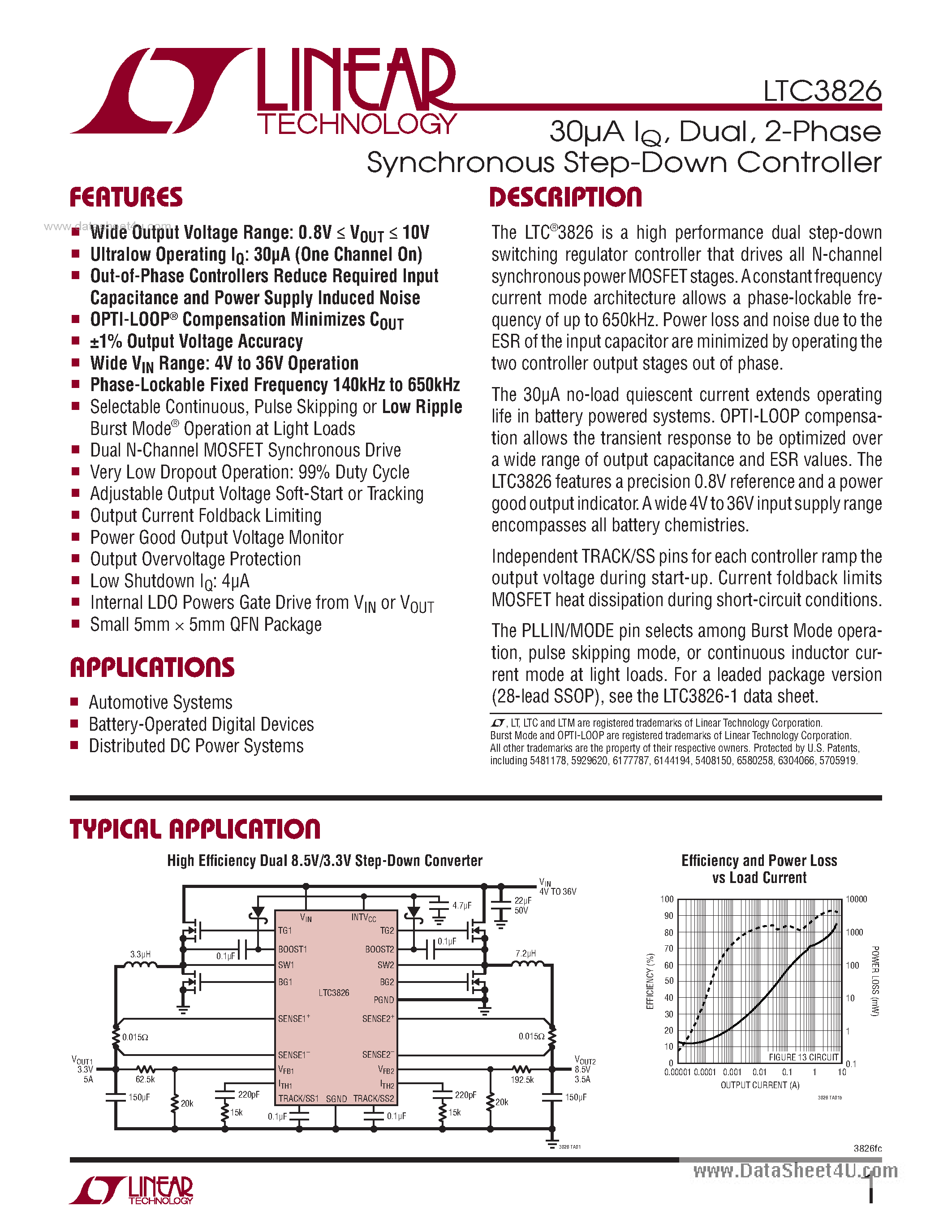 Даташит LTC3826 - 2-Phase Synchronous Step-Down Controller страница 1