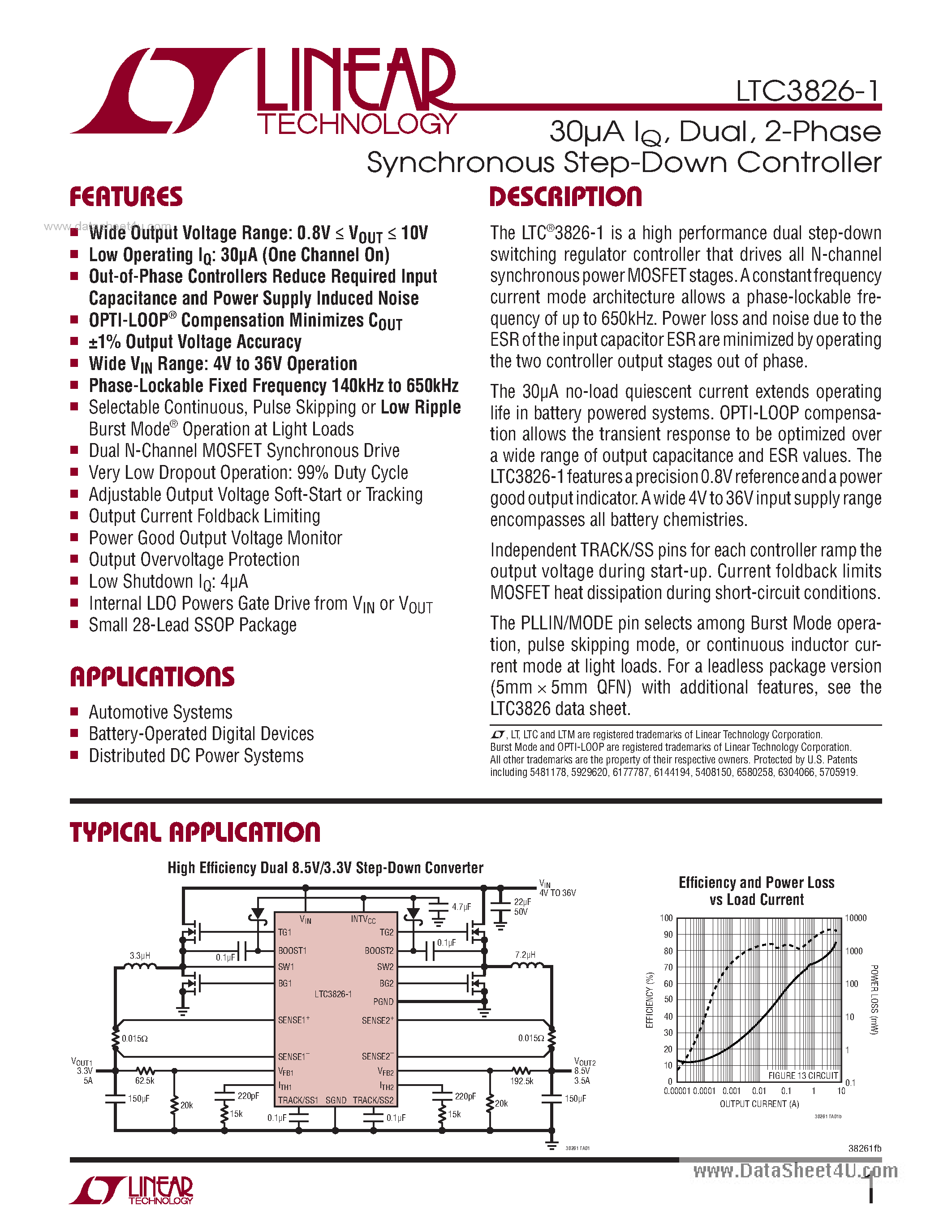 Даташит LTC3826-1 - 2-Phase Synchronous Step-Down Controller страница 1