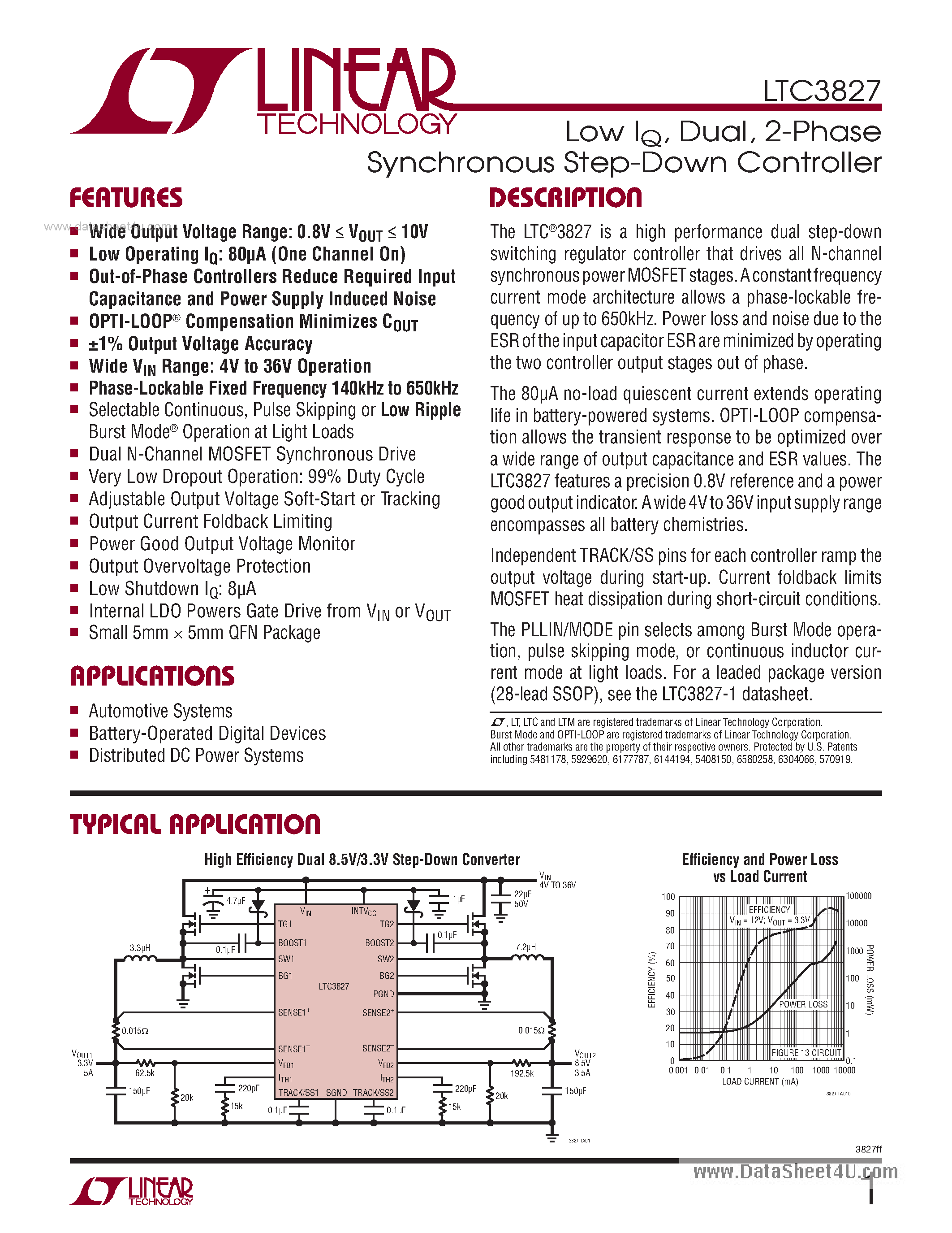 Datasheet LTC3827 - 2-Phase Synchronous Step-Down Controller page 1