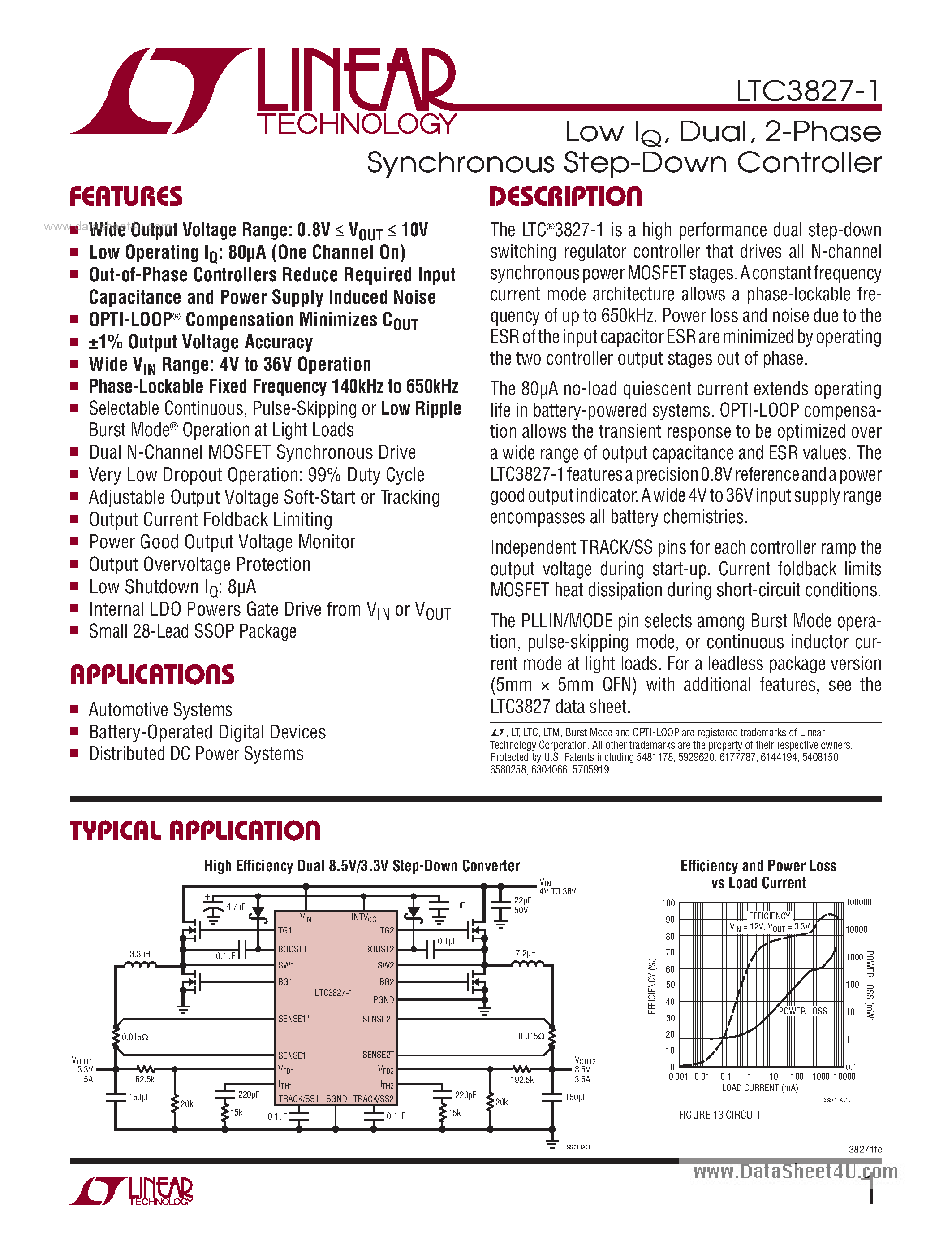 Даташит LTC3827-1 - 2-Phase Synchronous Step-Down Controller страница 1