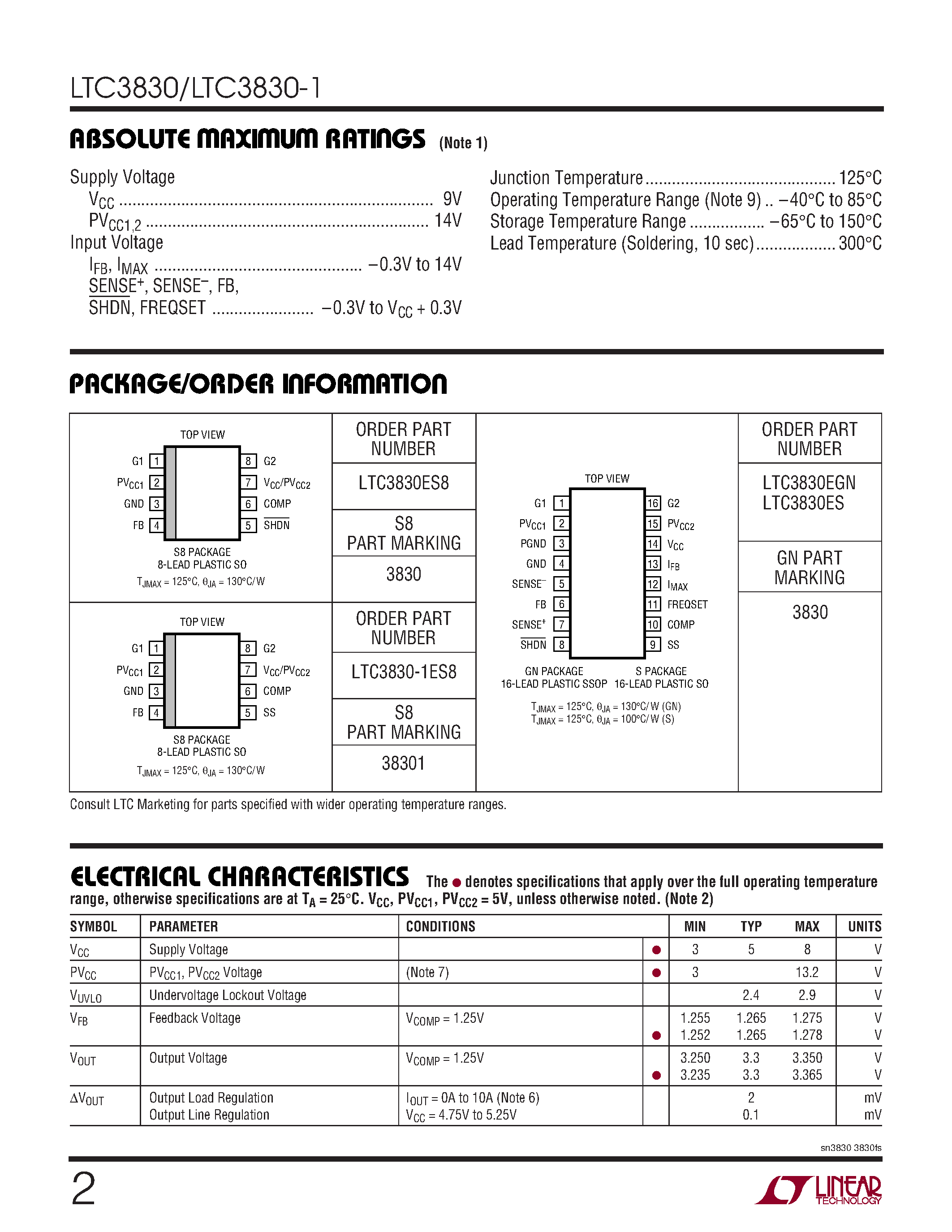 Datasheet LTC3830 - High Power Step-Down Synchronous DC/DC Controllers for Low Voltage Operation page 2