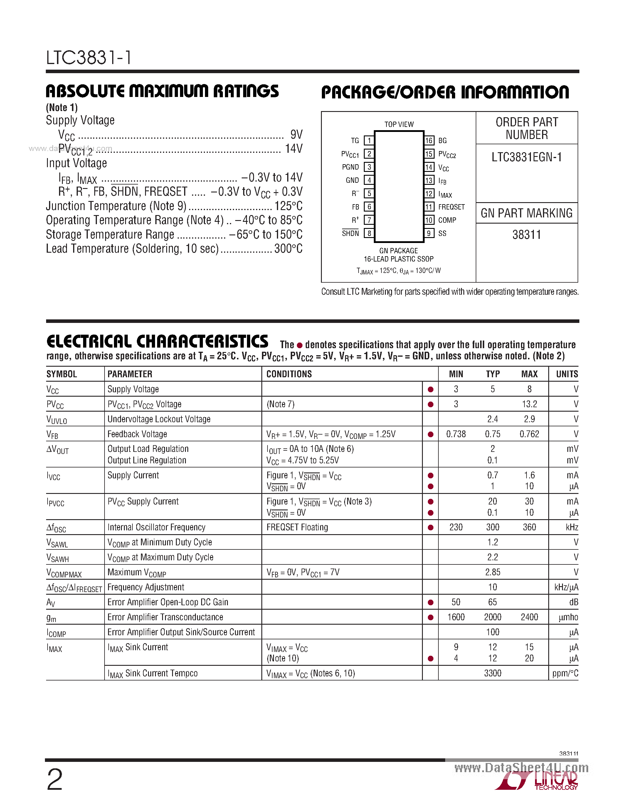 Datasheet LTC3831-1 page 2 Datasheet LTC3831-1 - High Power Synchronous Switching Regulator Controller page 2