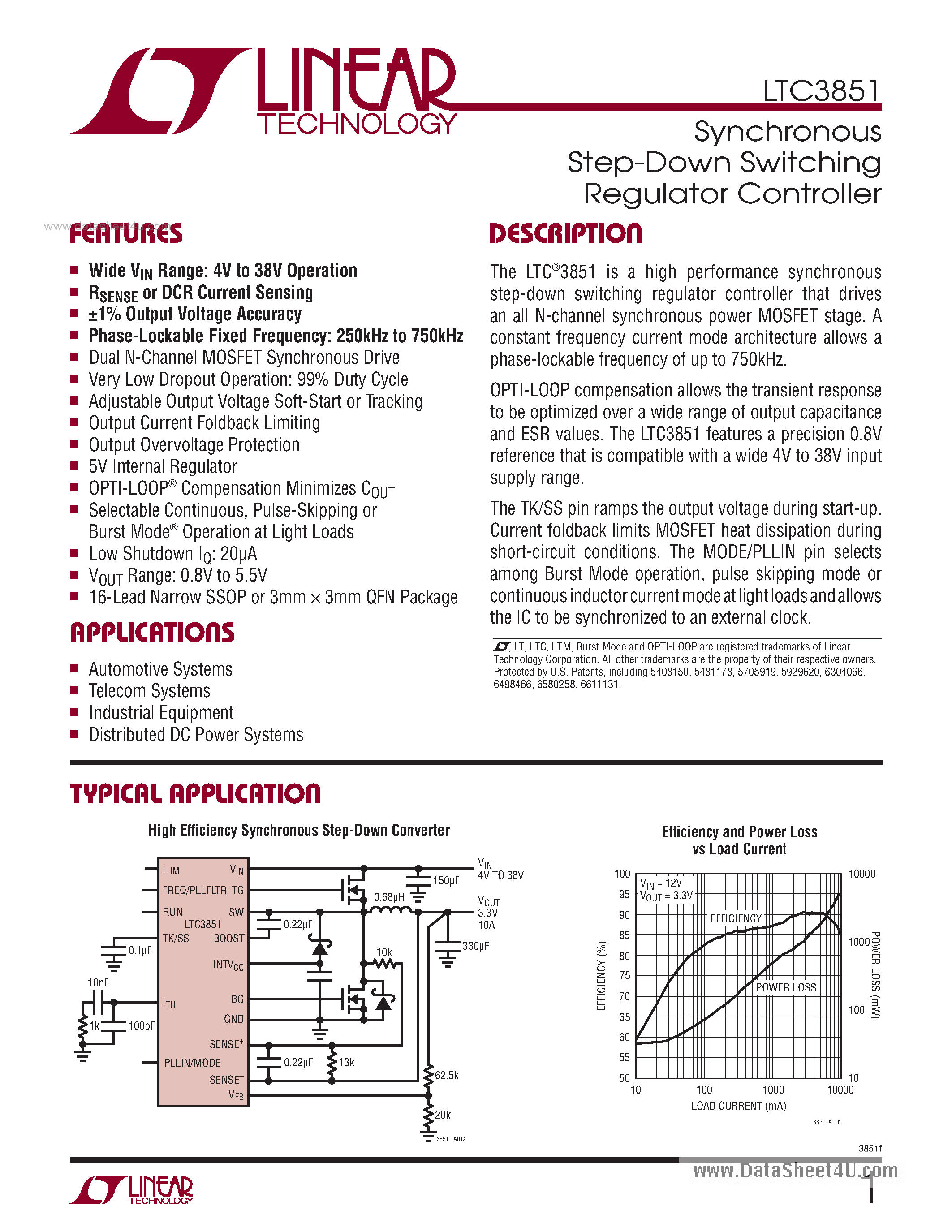 Datasheet LTC3851 - Synchronous Step-Down Switching Regulator Controller page 1