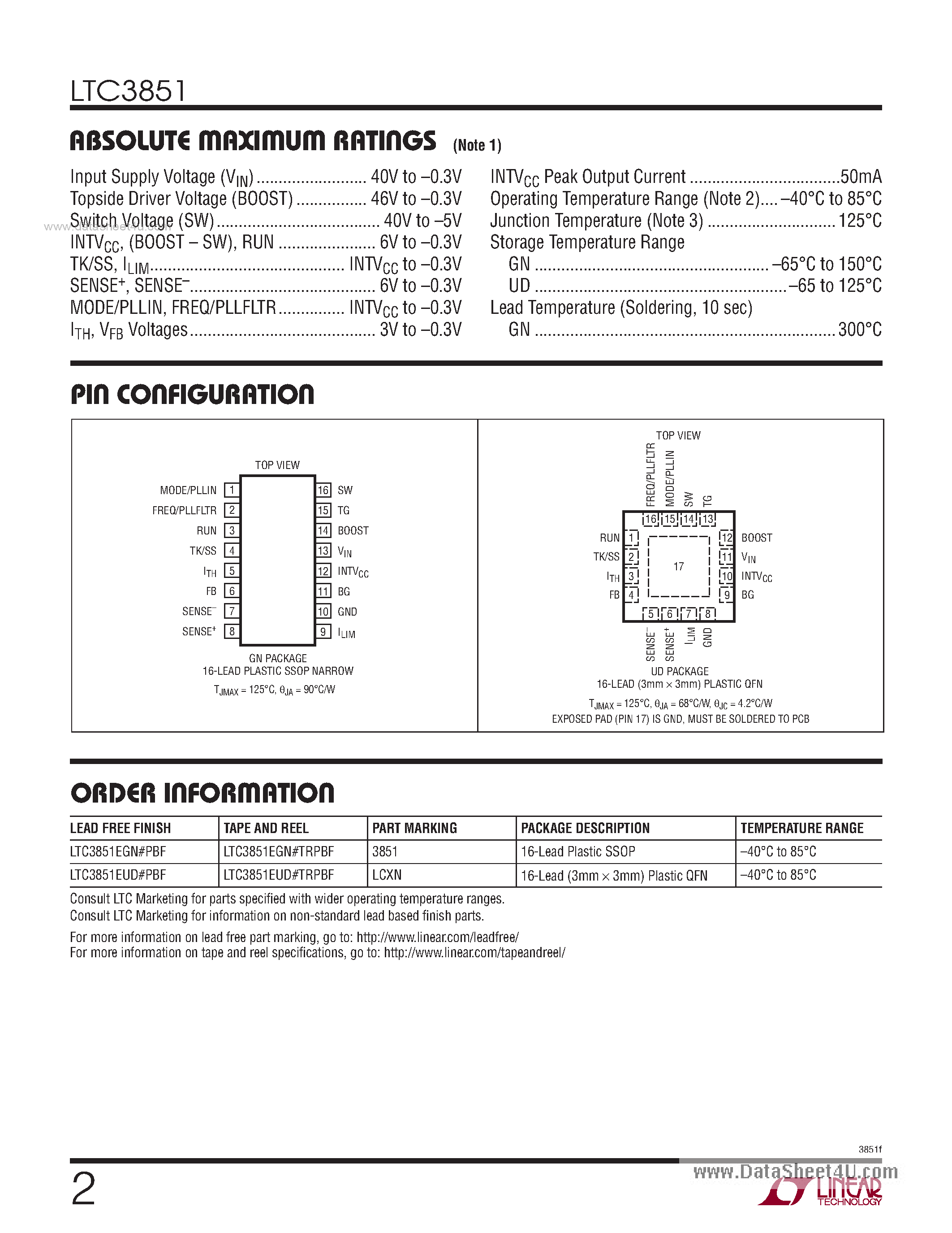 Datasheet LTC3851 - Synchronous Step-Down Switching Regulator Controller page 2