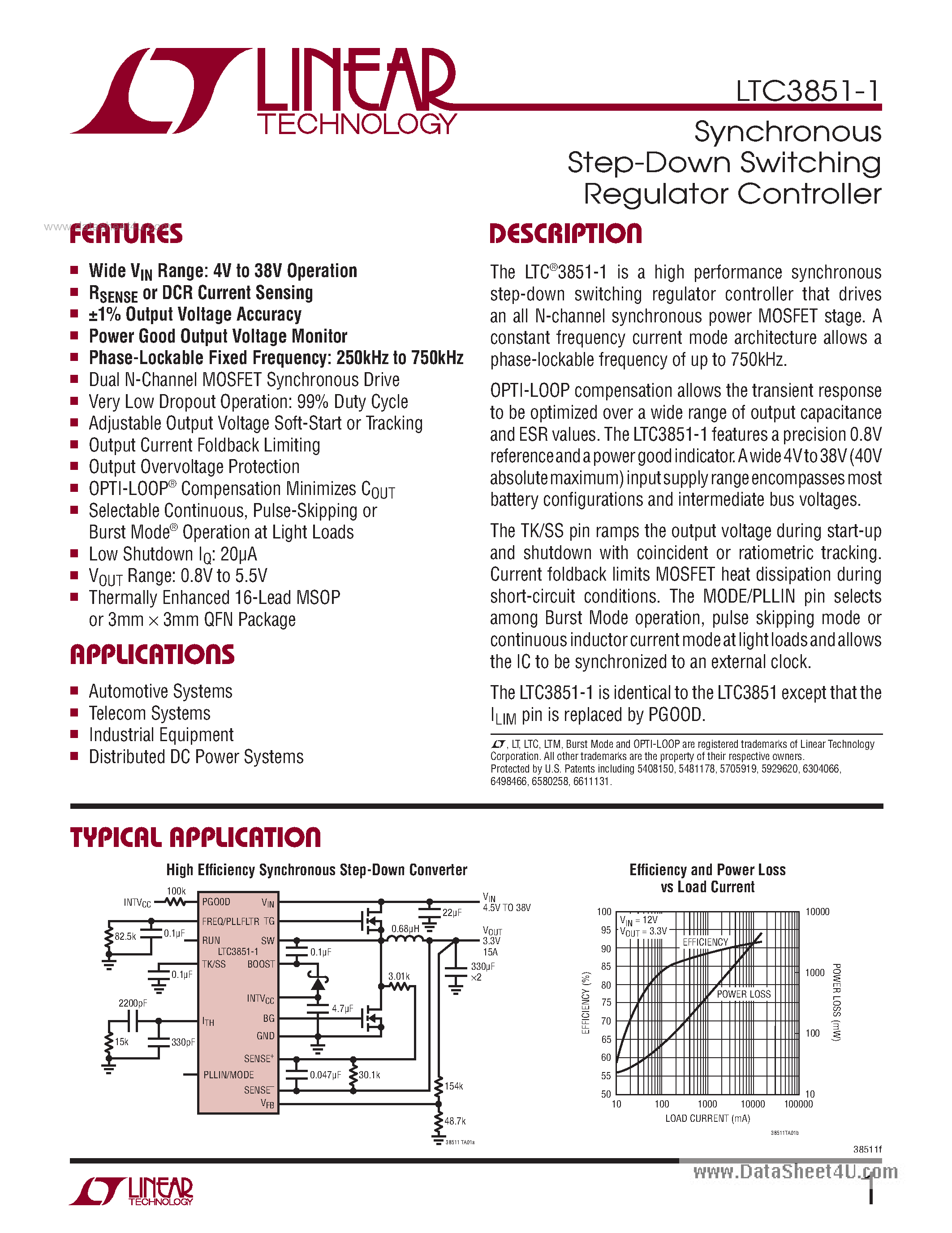 Datasheet LTC3851-1 - Synchronous Step-Down Switching Regulator Controller page 1