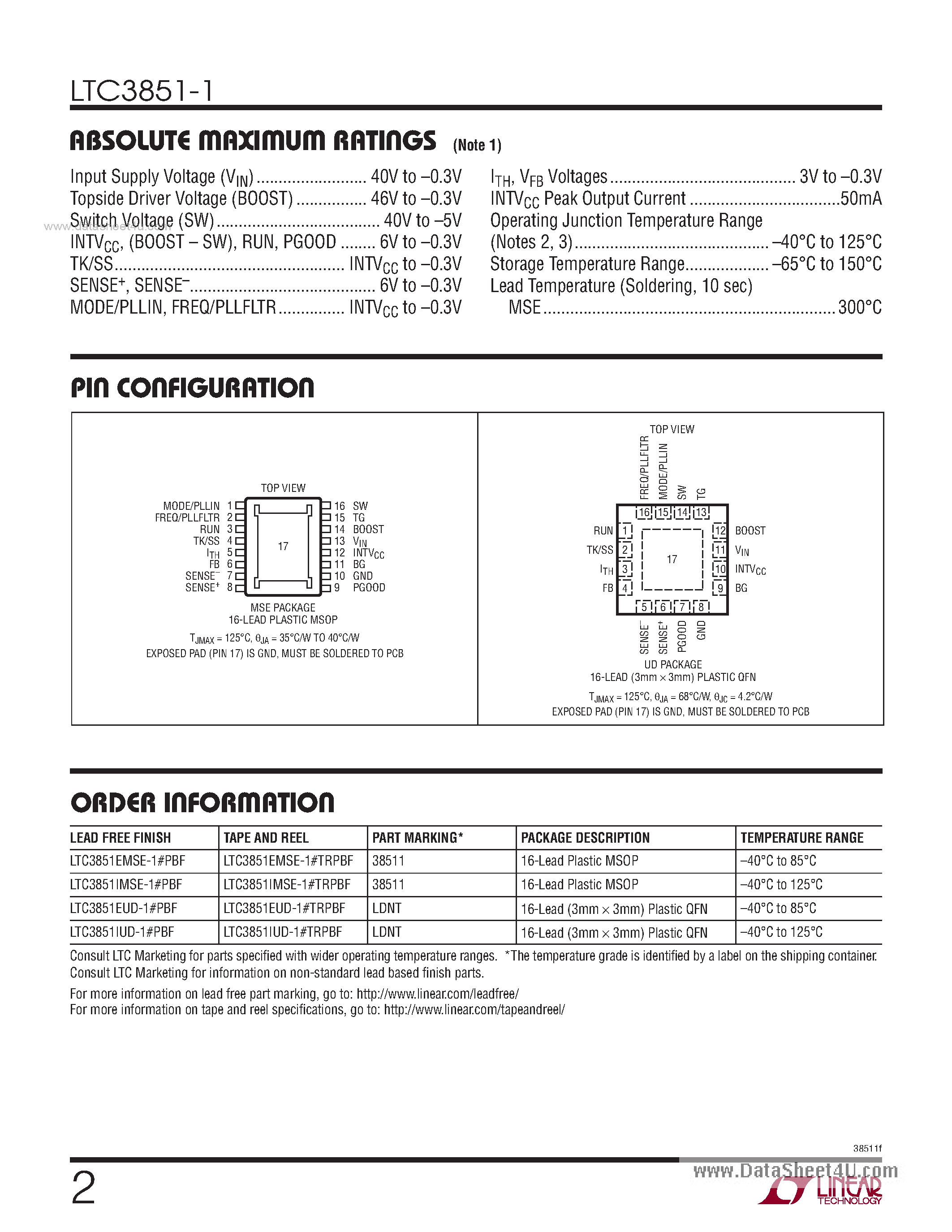 Datasheet LTC3851-1 - Synchronous Step-Down Switching Regulator Controller page 2