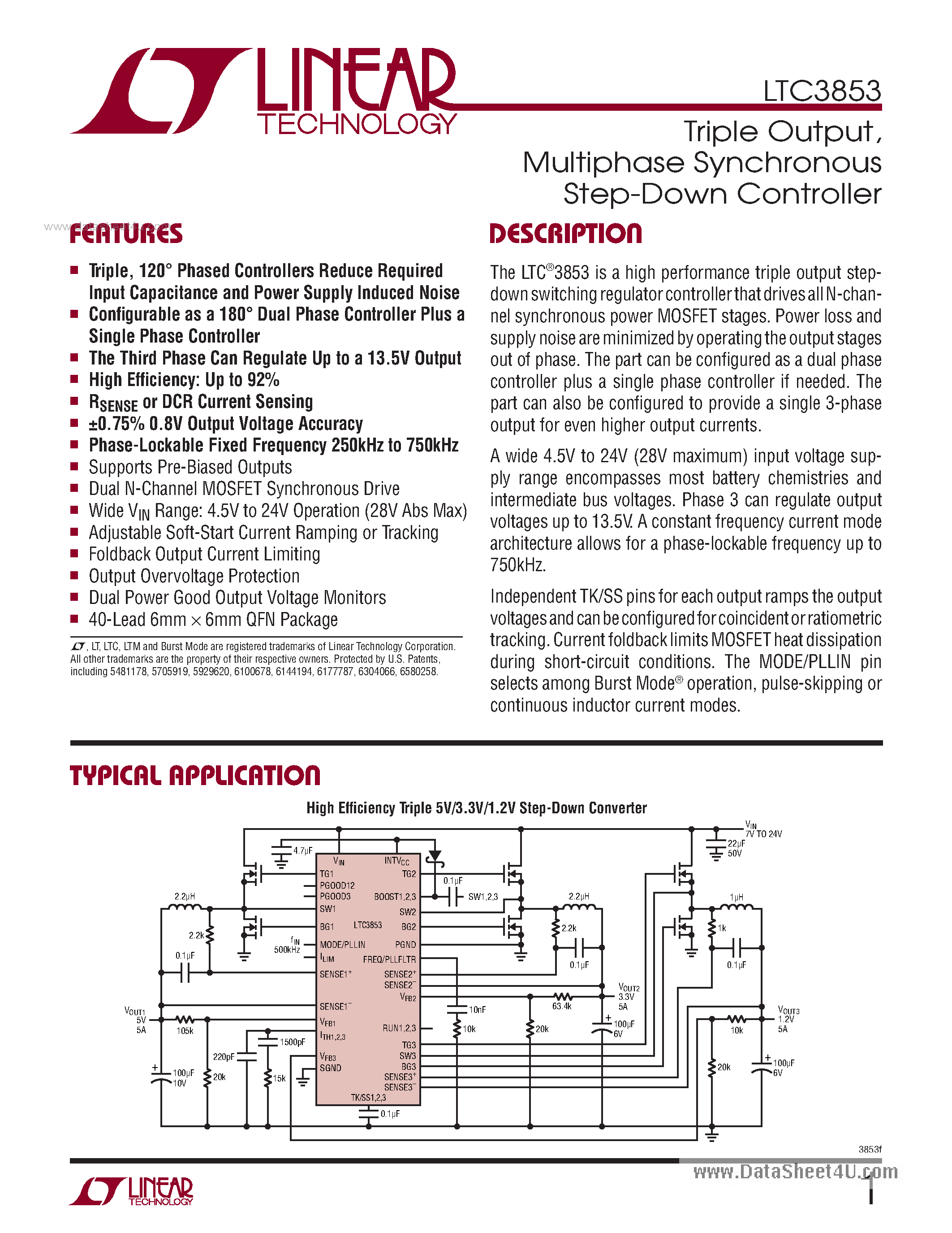 Datasheet LTC3853 - Multiphase Synchronous Step-Down Controller page 1