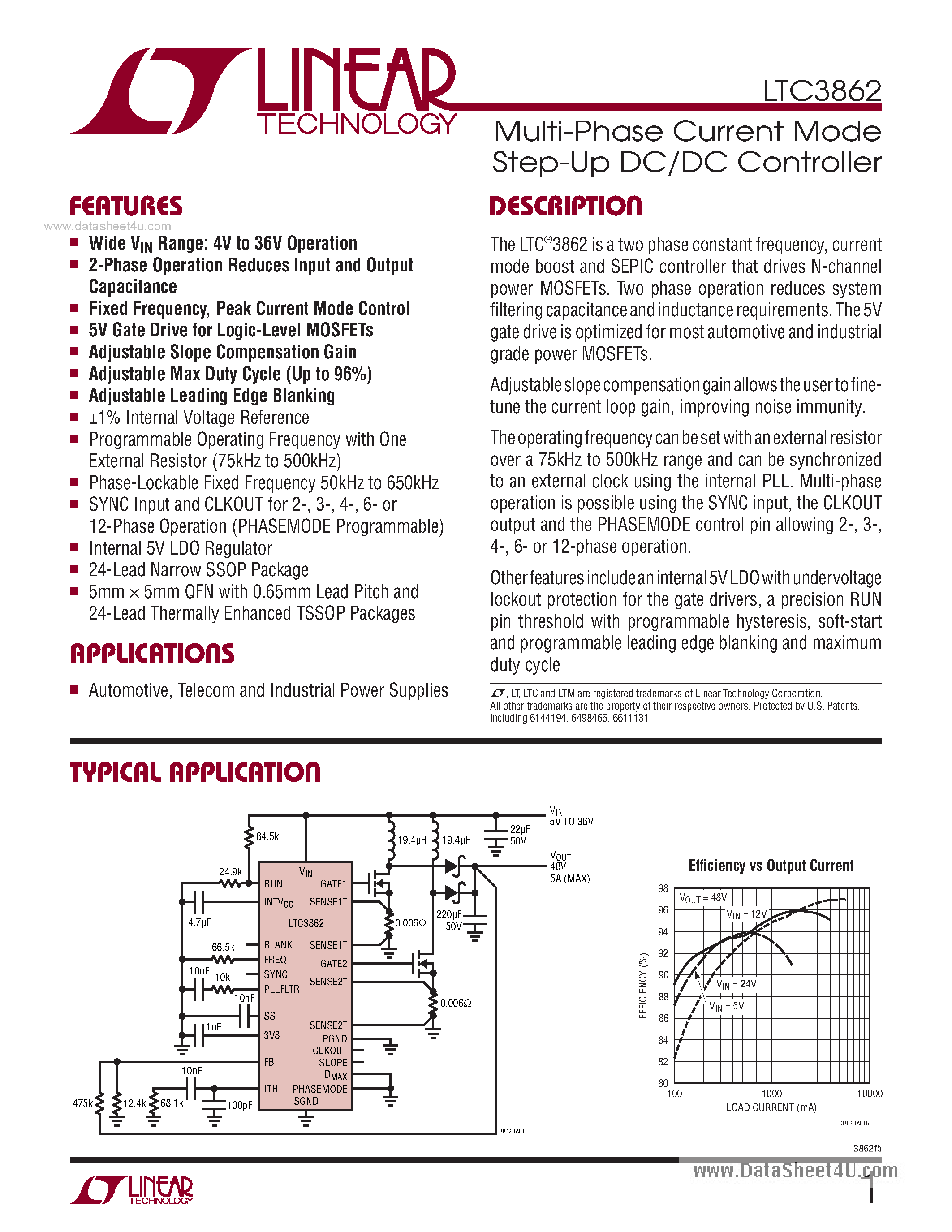 Даташит LTC3862 - Multi-Phase Current Mode Step-Up DC/DC Controller страница 1