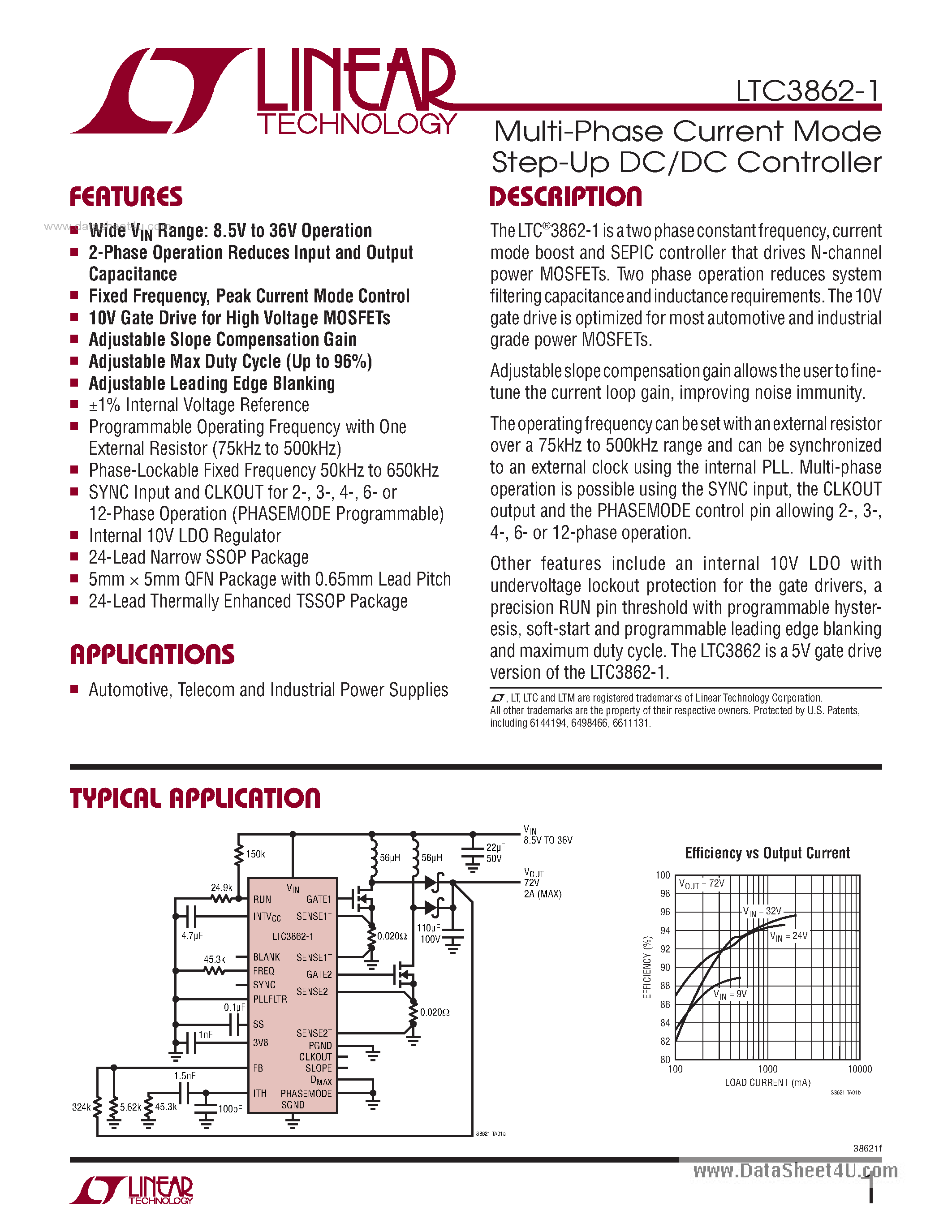 Datasheet LTC3862-1 - Multi-Phase Current Mode Step-Up DC/DC Controller page 1