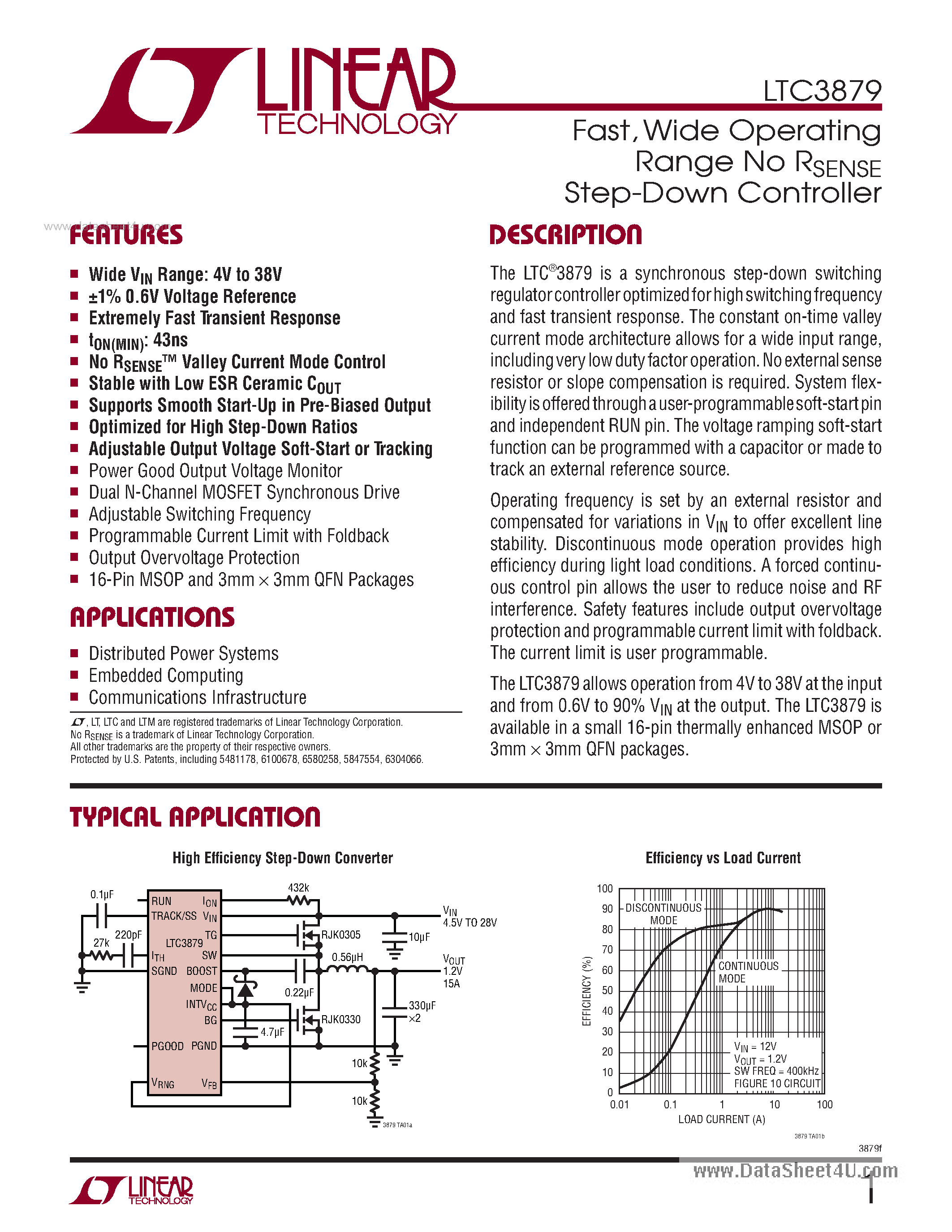 Datasheet LTC3879 - Wide Operating Range No RSENSE Step-Down Controller page 1