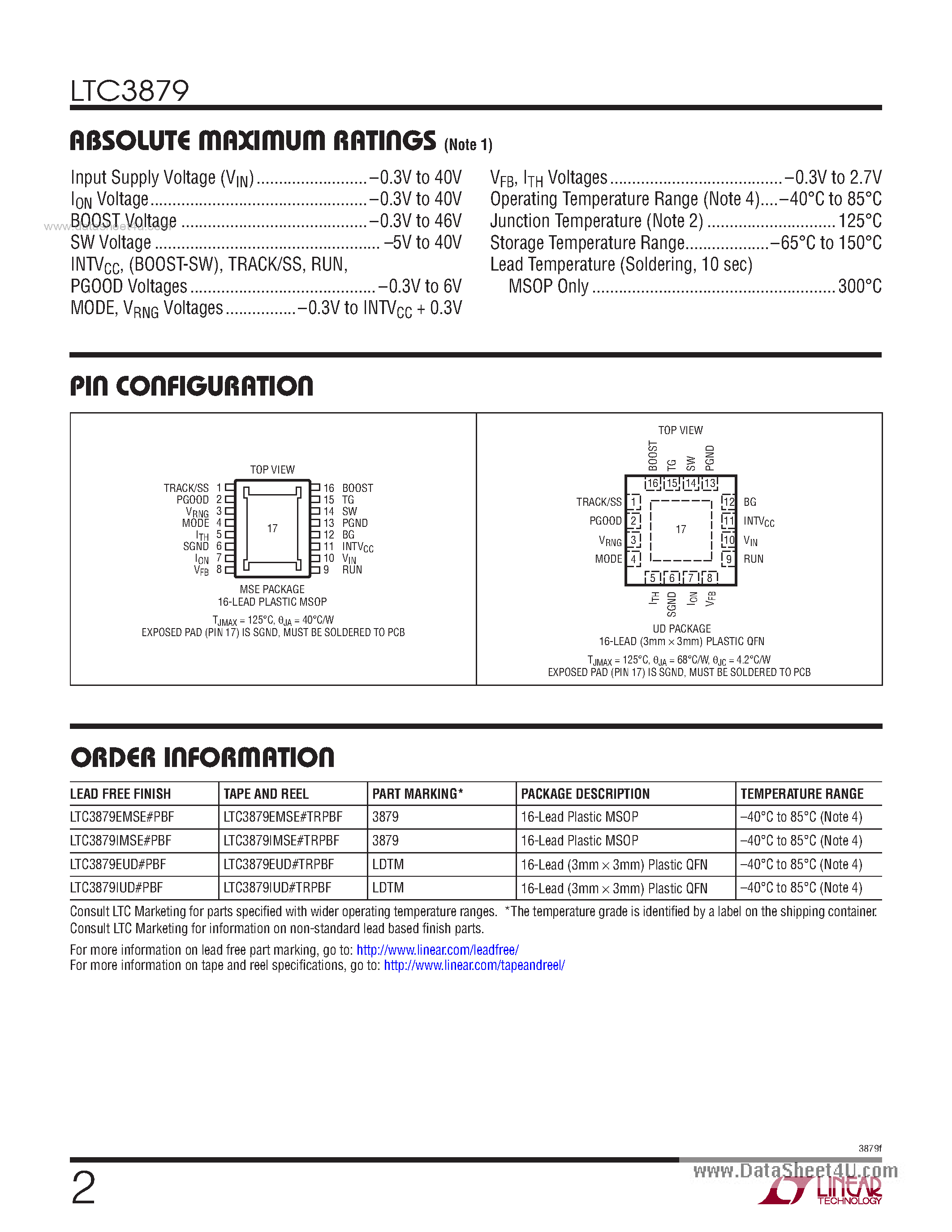 Datasheet LTC3879 - Wide Operating Range No RSENSE Step-Down Controller page 2