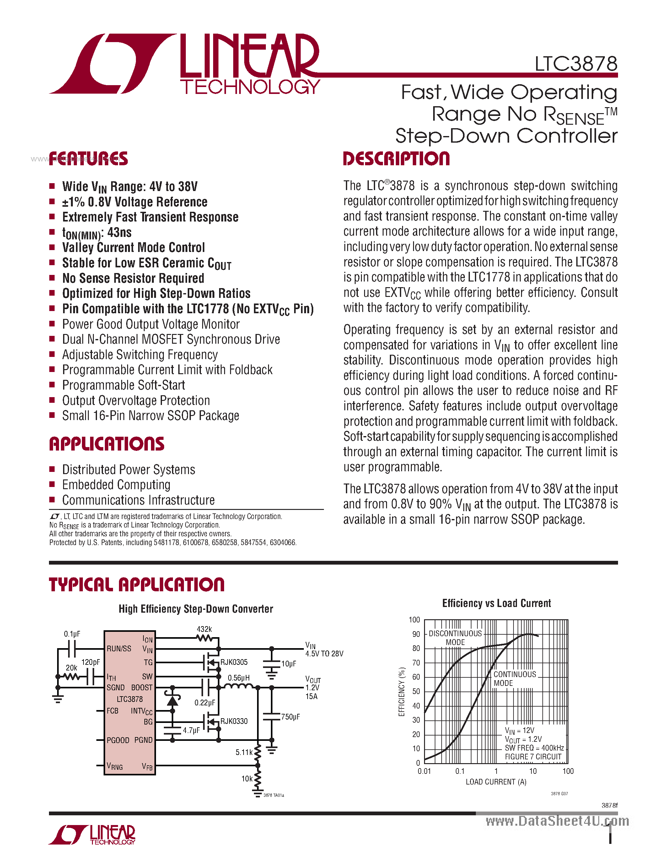Datasheet LTC3878 - Wide Operating Range No RSENSE Step-Down Controller page 1