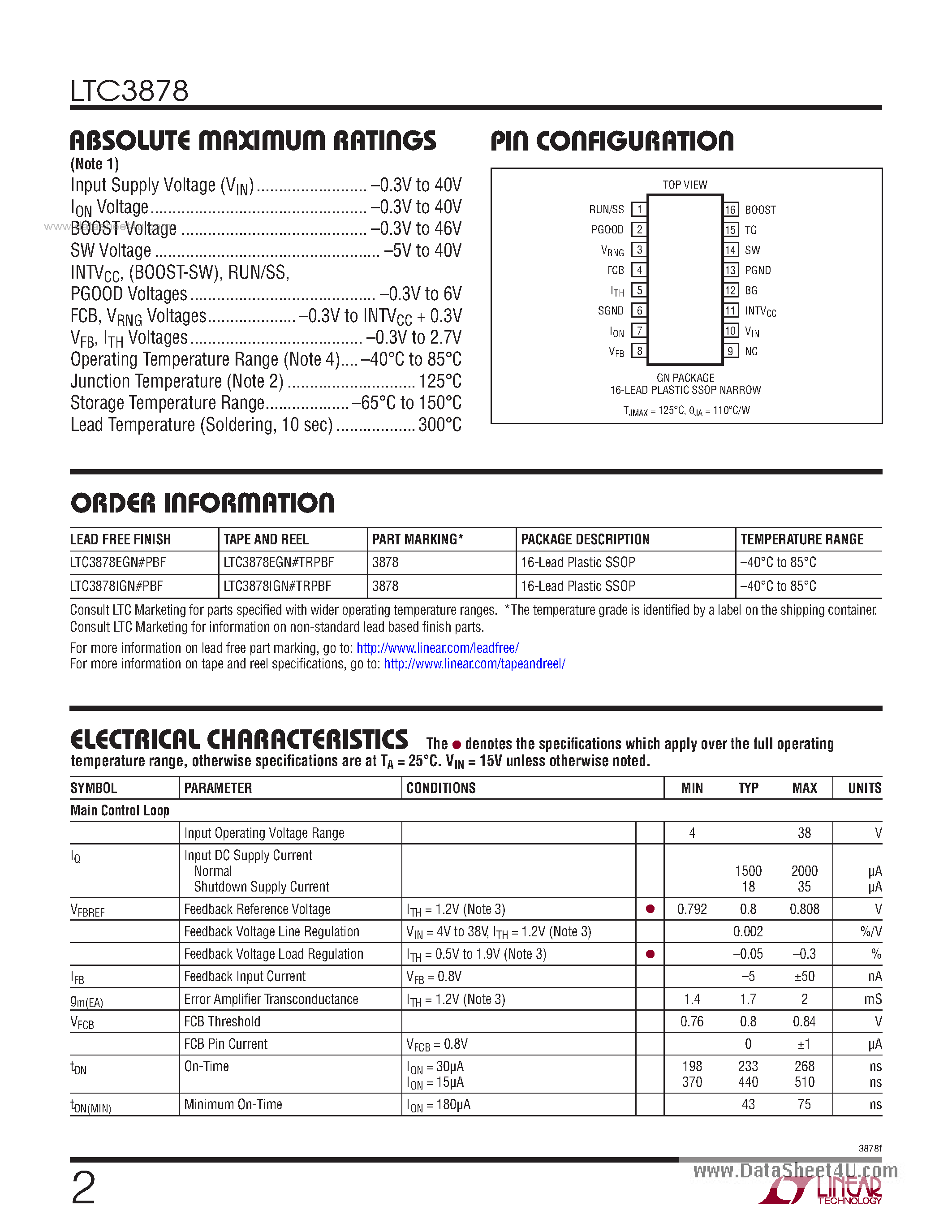 Datasheet LTC3878 - Wide Operating Range No RSENSE Step-Down Controller page 2