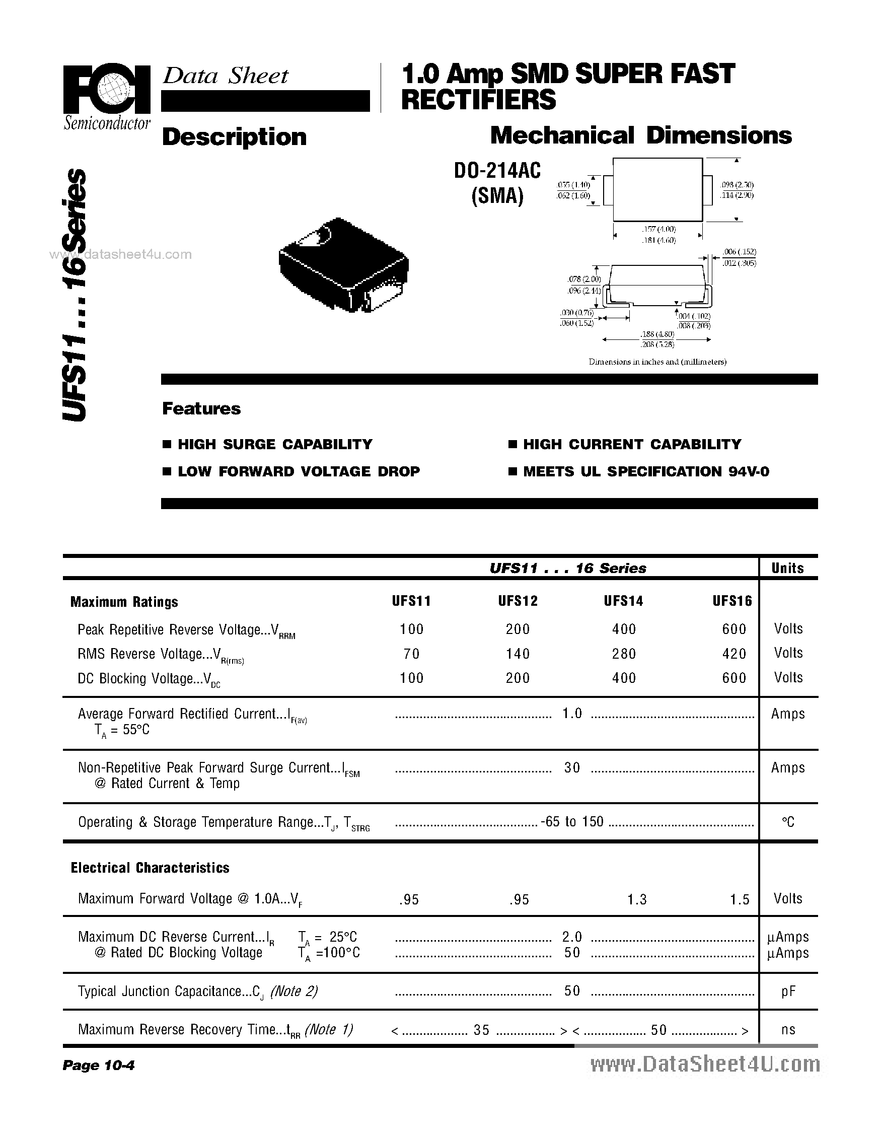 Datasheet UFS11 page 1 Datasheet UFS11 - (UFS11 - UFS16) 1.0 Amp SMD SUPER FAST RECTIFIERS page 1
