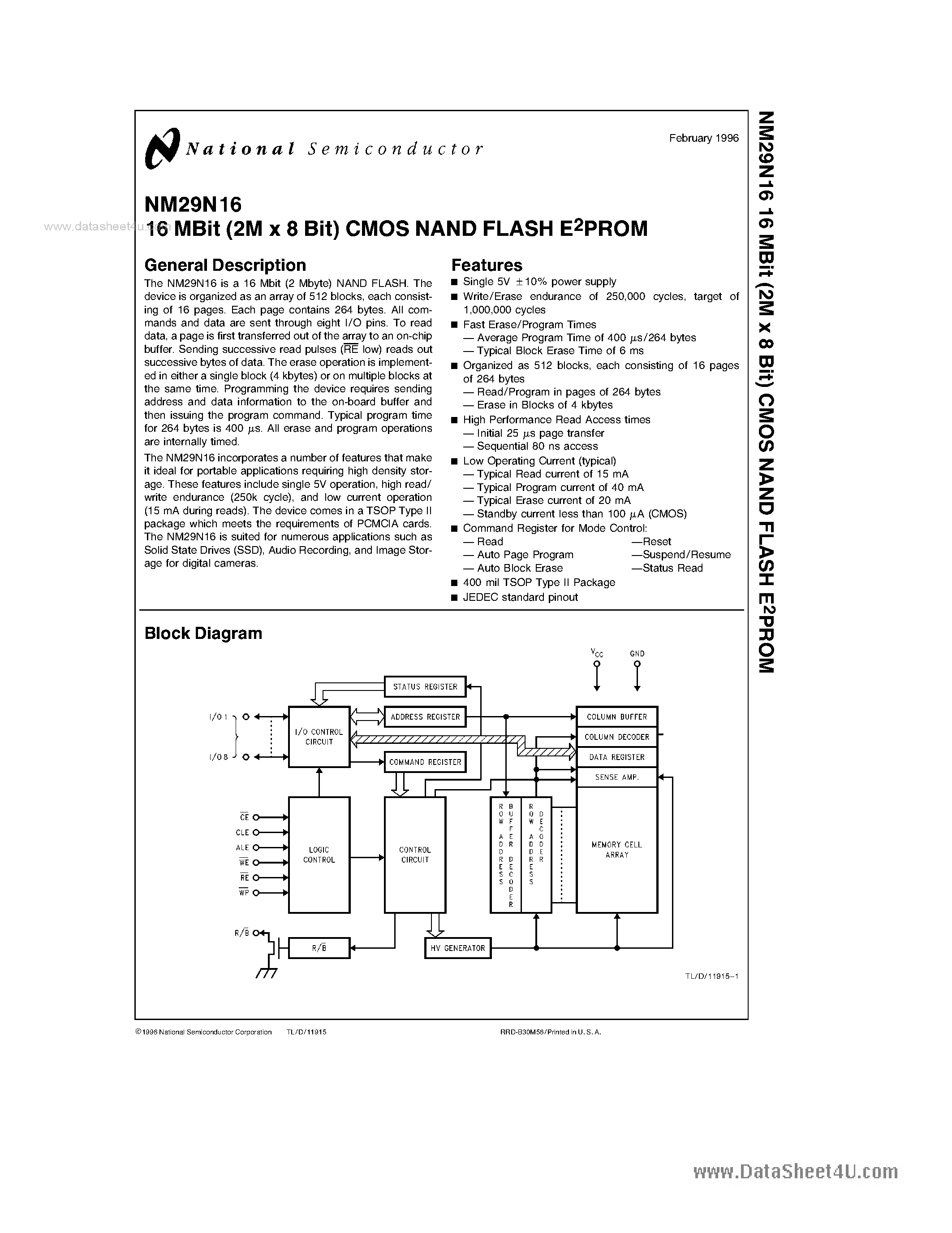 Даташит на микросхему NM29N16 страница 1 Даташит NM29N16 - 16 MBit (2M x 8 Bit) CMOS NAND FLASH E2PROM страница 1