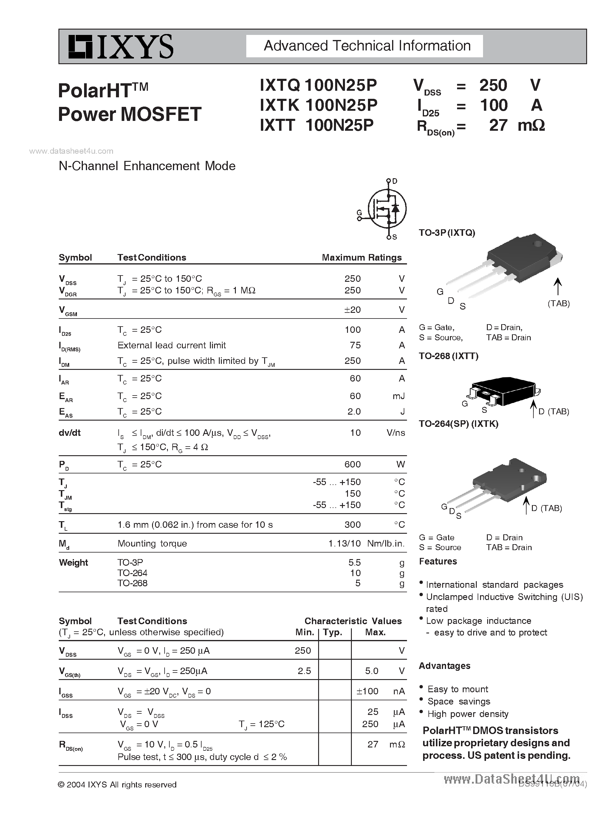 Datasheet IXTK100N25P - PolarHT Power MOSFET N-Channel Enhancement Mode page 1