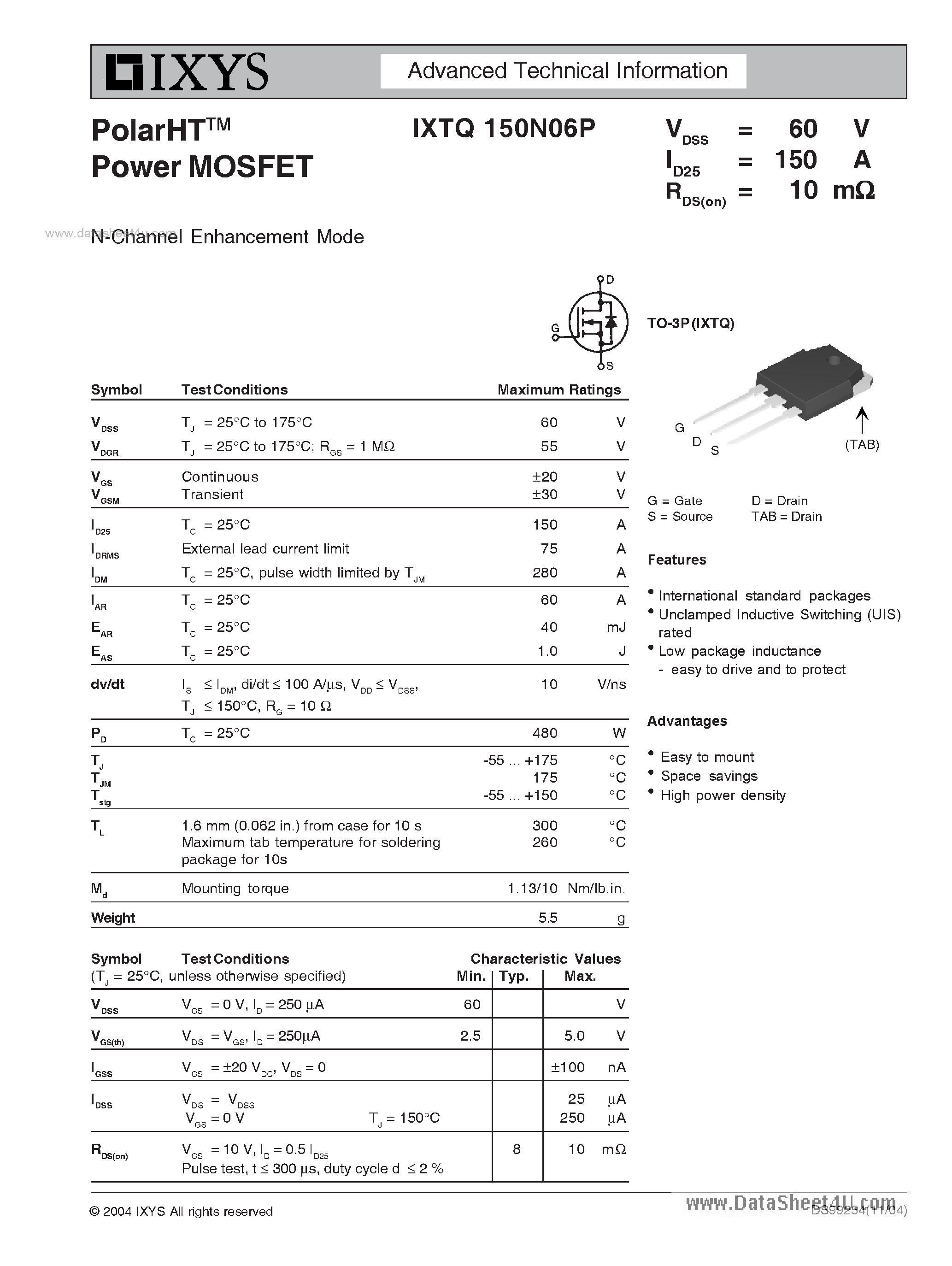 Datasheet IXTQ150N06P - Polar N-channel MOSFETs page 1