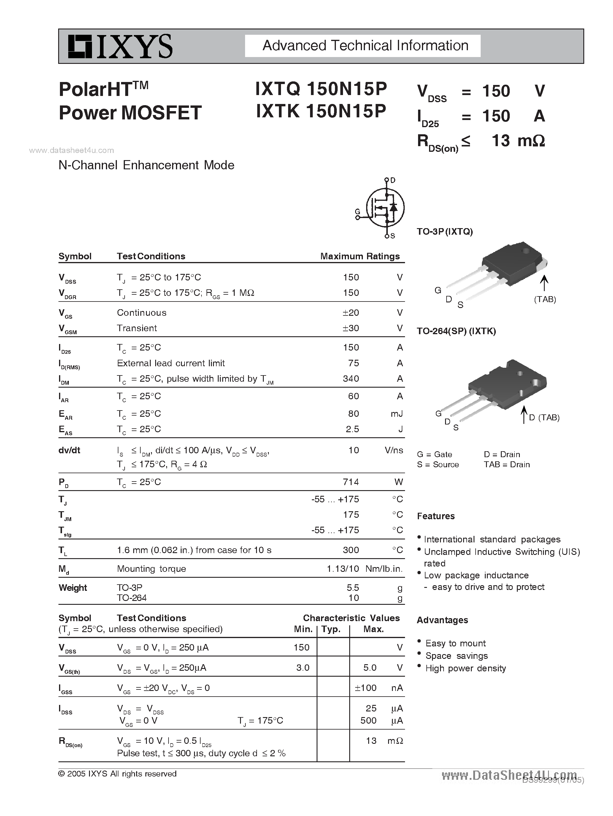 Datasheet IXTK150N15P - Polar N-channel MOSFETs page 1