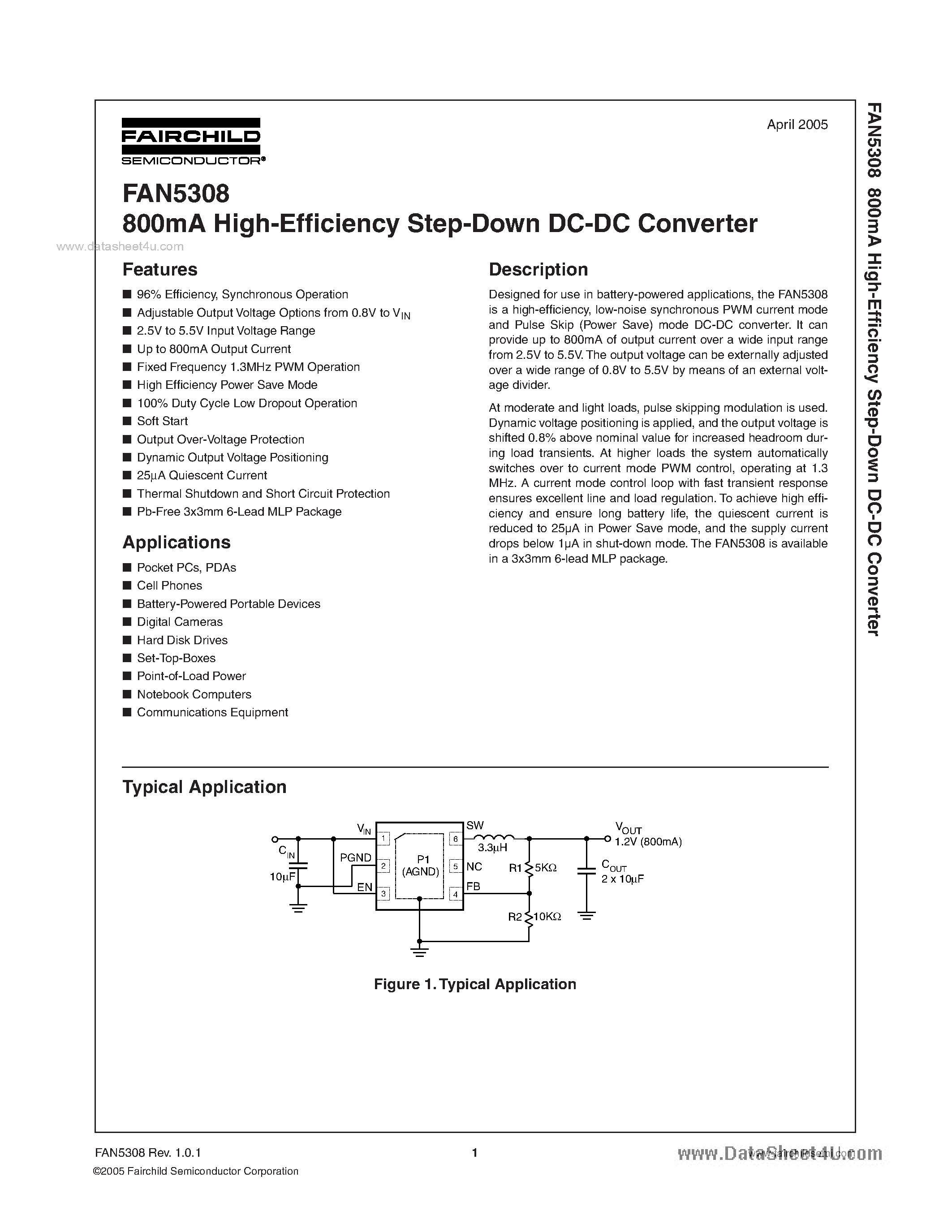 Datasheet FAN5308 page 1 Datasheet FAN5308 - 800mA High-Efficiency Step-Down DC-DC Converter page 1