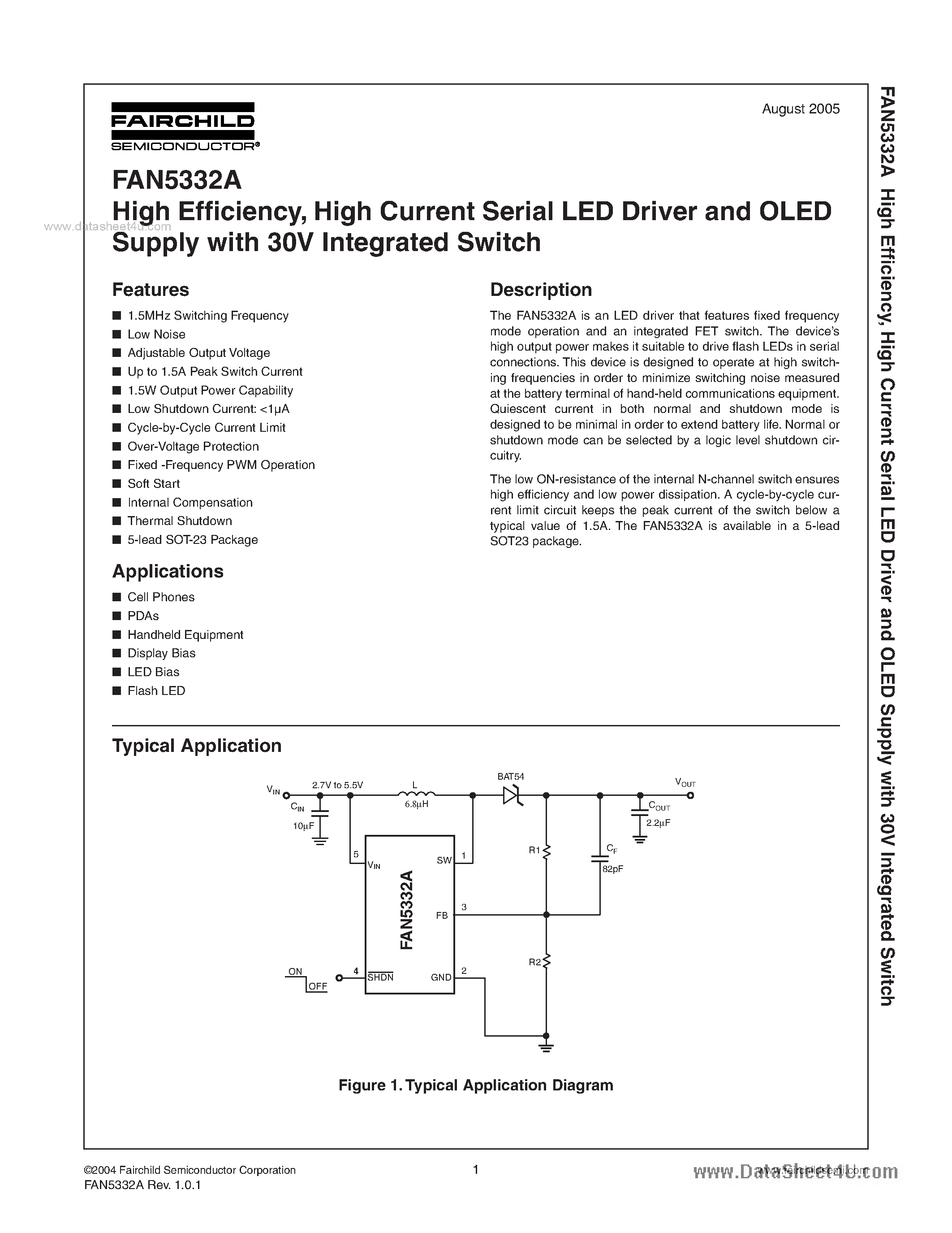 Datasheet FAN5332A - High Current Serial LED Driver and OLED Supply page 1