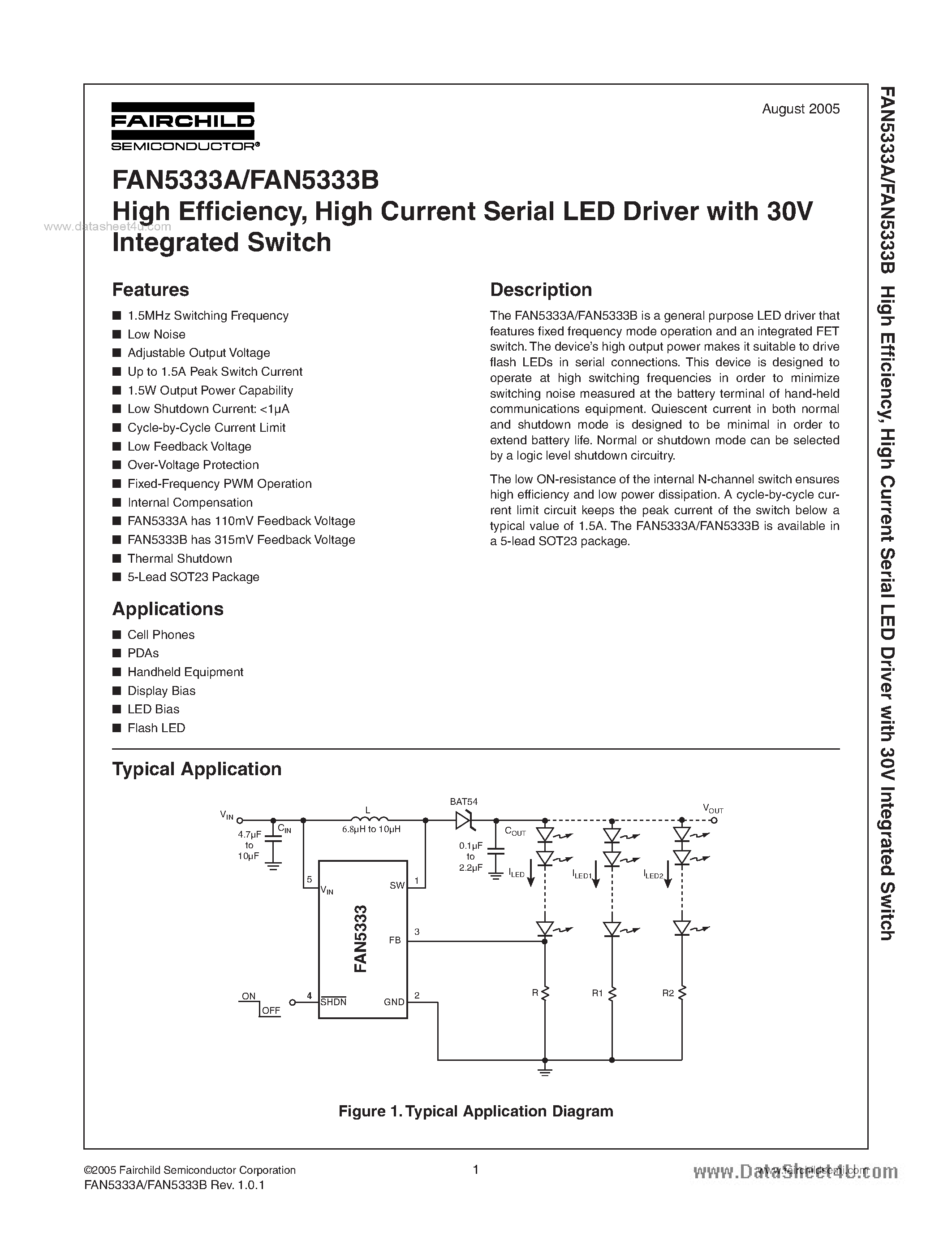 Datasheet FAN5333A - High Current Serial LED Driver page 1