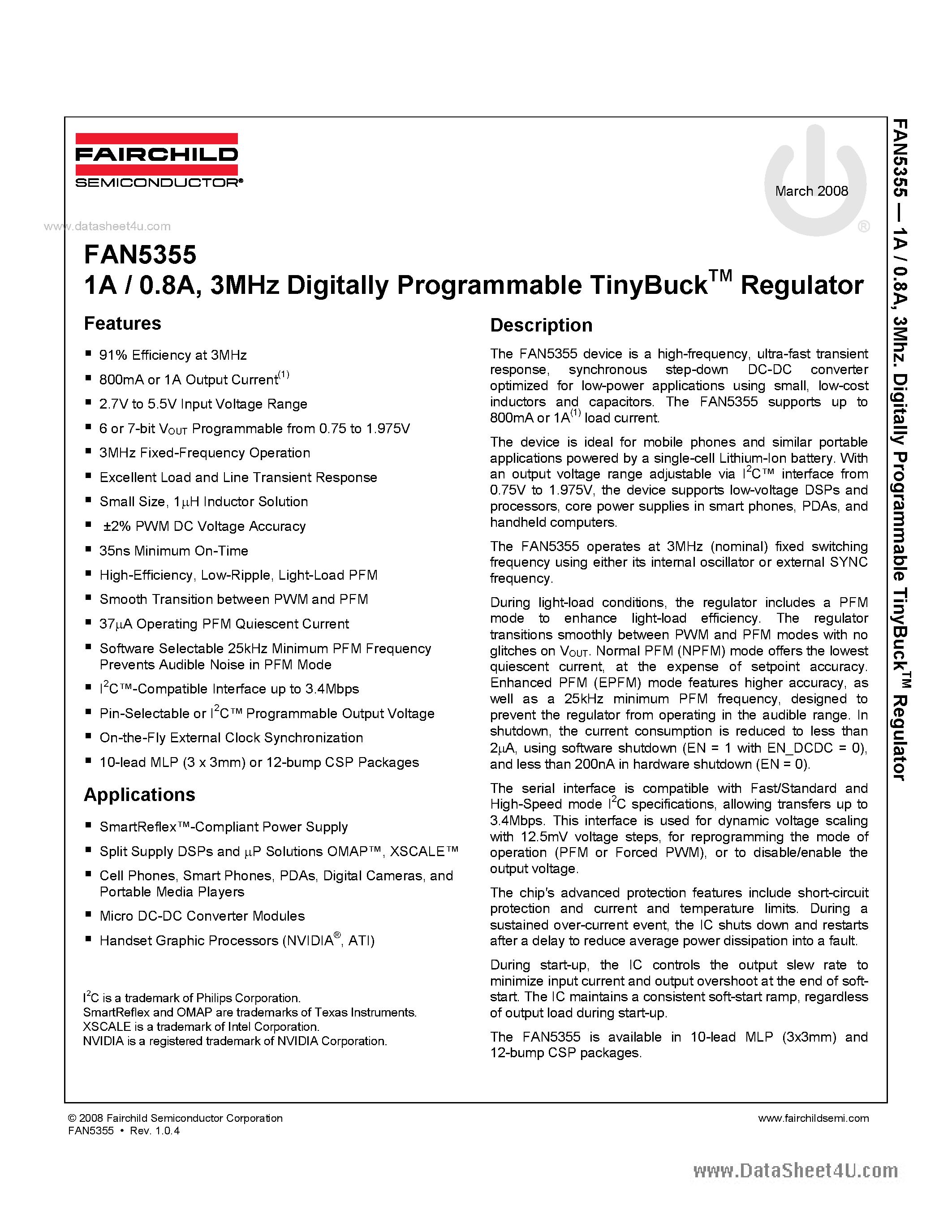 Datasheet FAN5355 page 1 Datasheet FAN5355 - 3MHz Digitally Programmable TinyBuckTM Regulator page 1