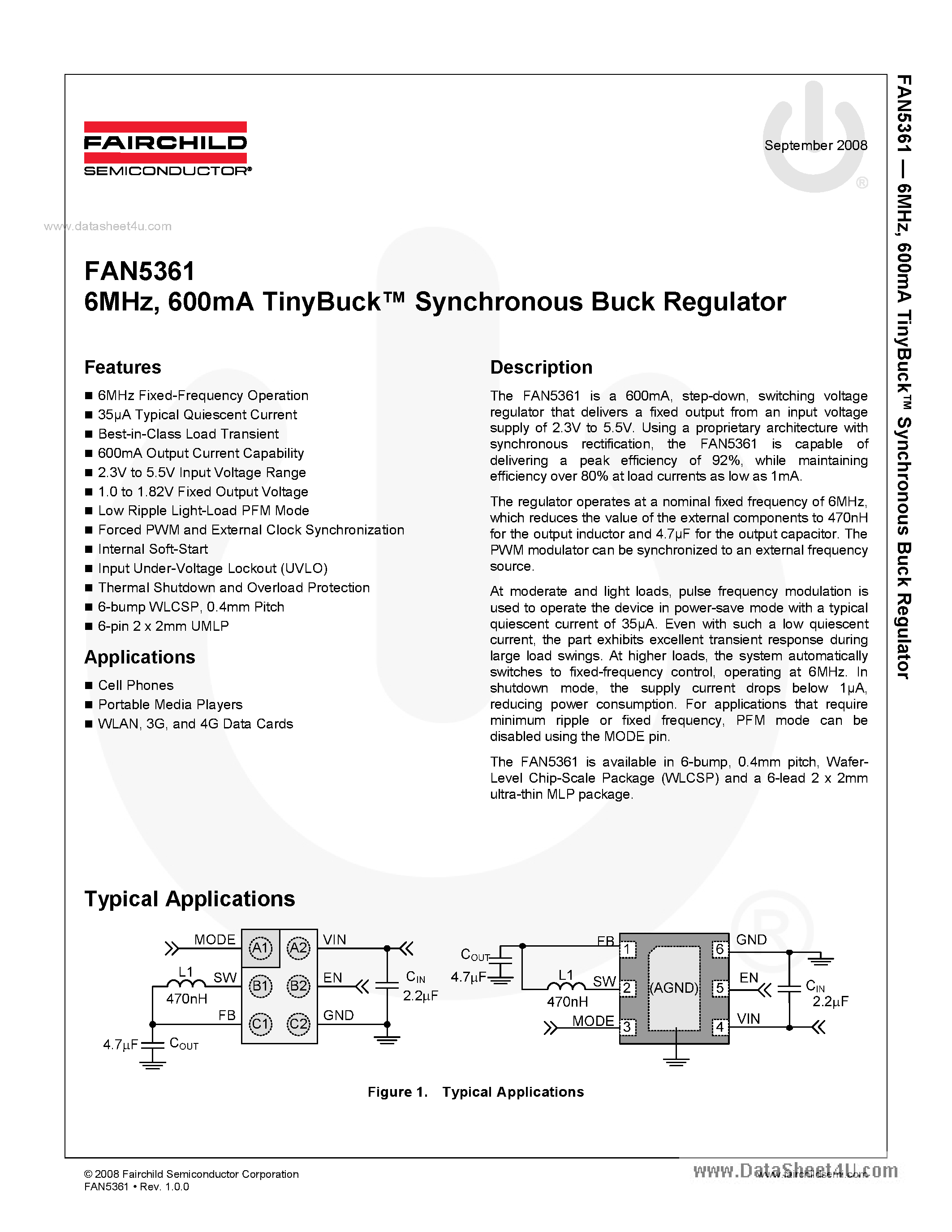 Datasheet FAN5361 - Synchronous Buck Regulator page 1