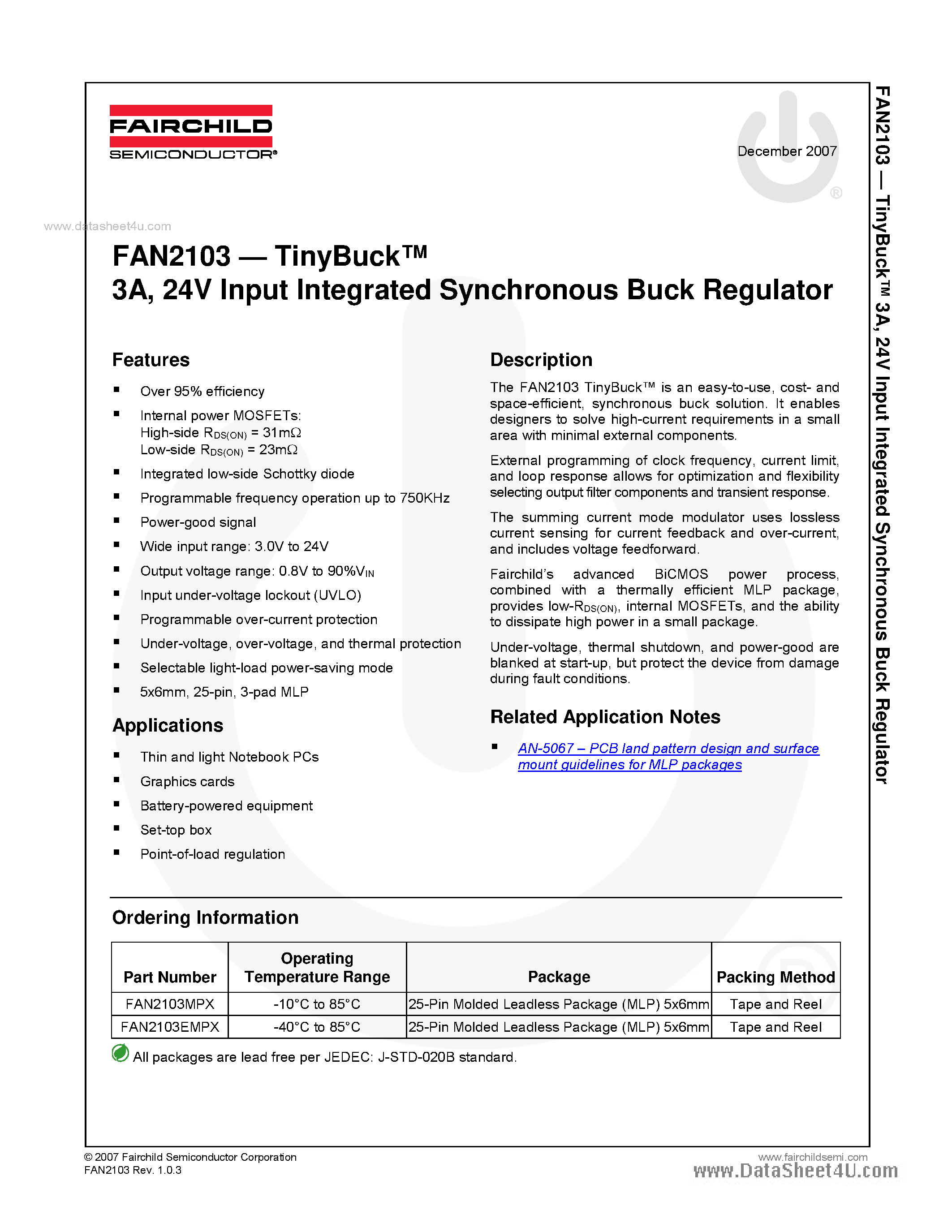 Datasheet FAN2103 - 24V Input Integrated Synchronous Buck Regulator page 1