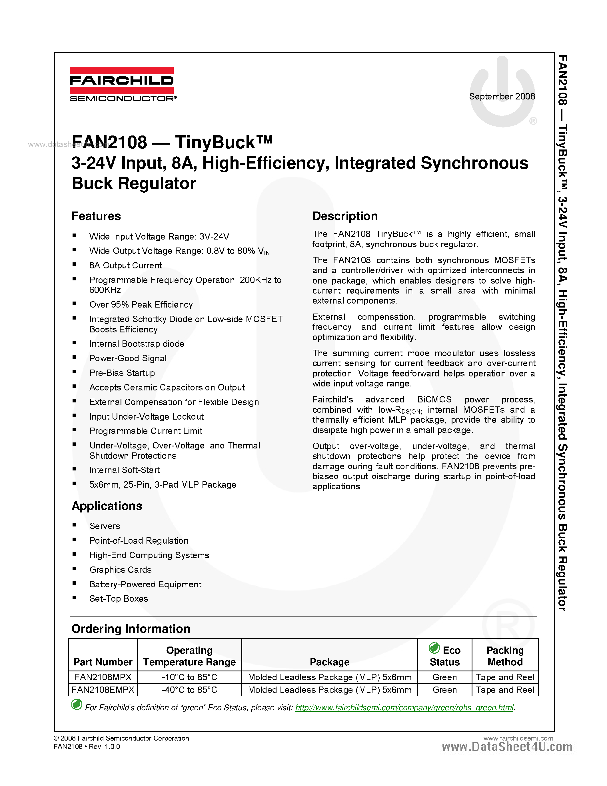 Datasheet FAN2108 - Integrated Synchronous Buck Regulator page 1