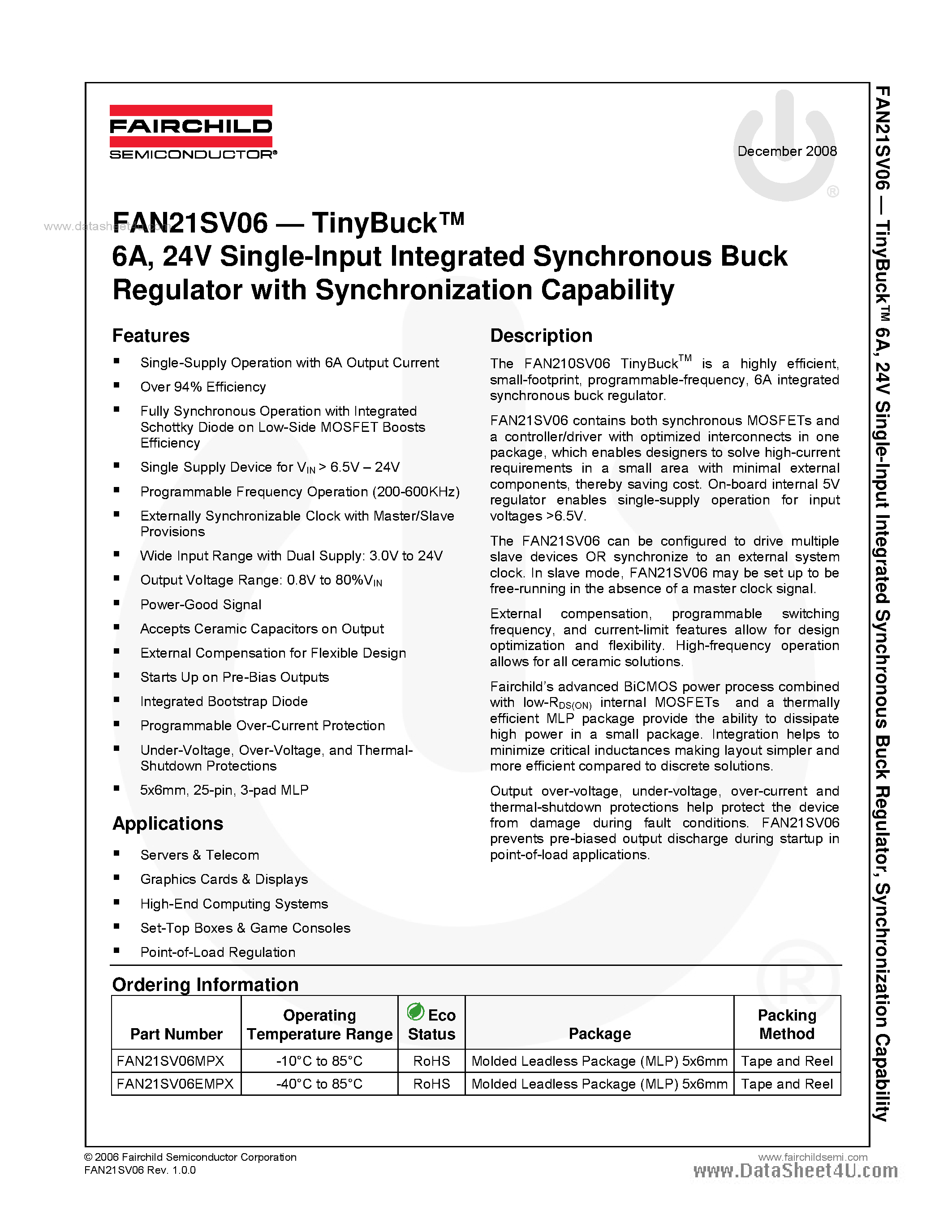 Datasheet FAN21SV06 - Integrated Synchronous Buck Regulator page 1