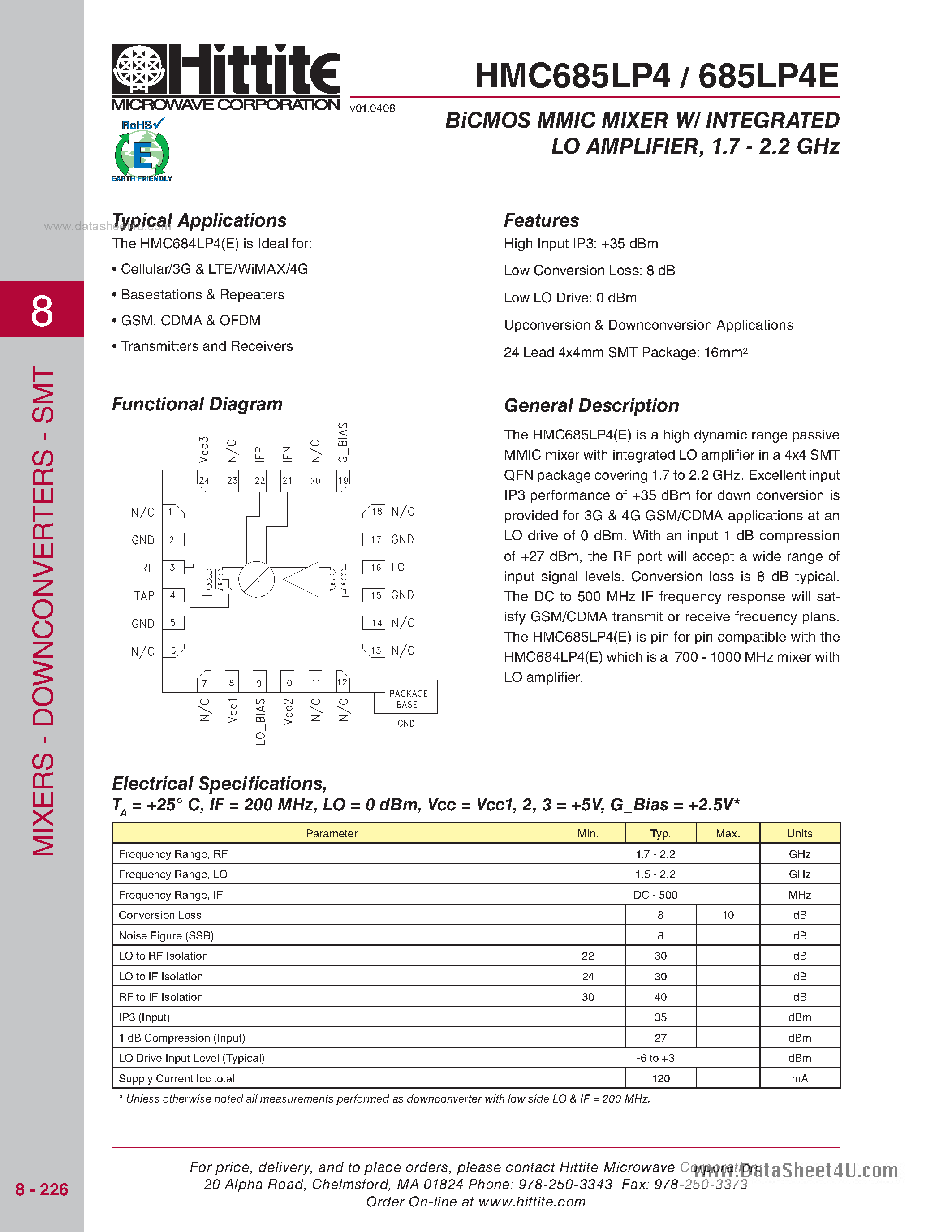 Даташит HMC685LP4 - BiCMOS Mixer W/Integrated LO Amplifier страница 1