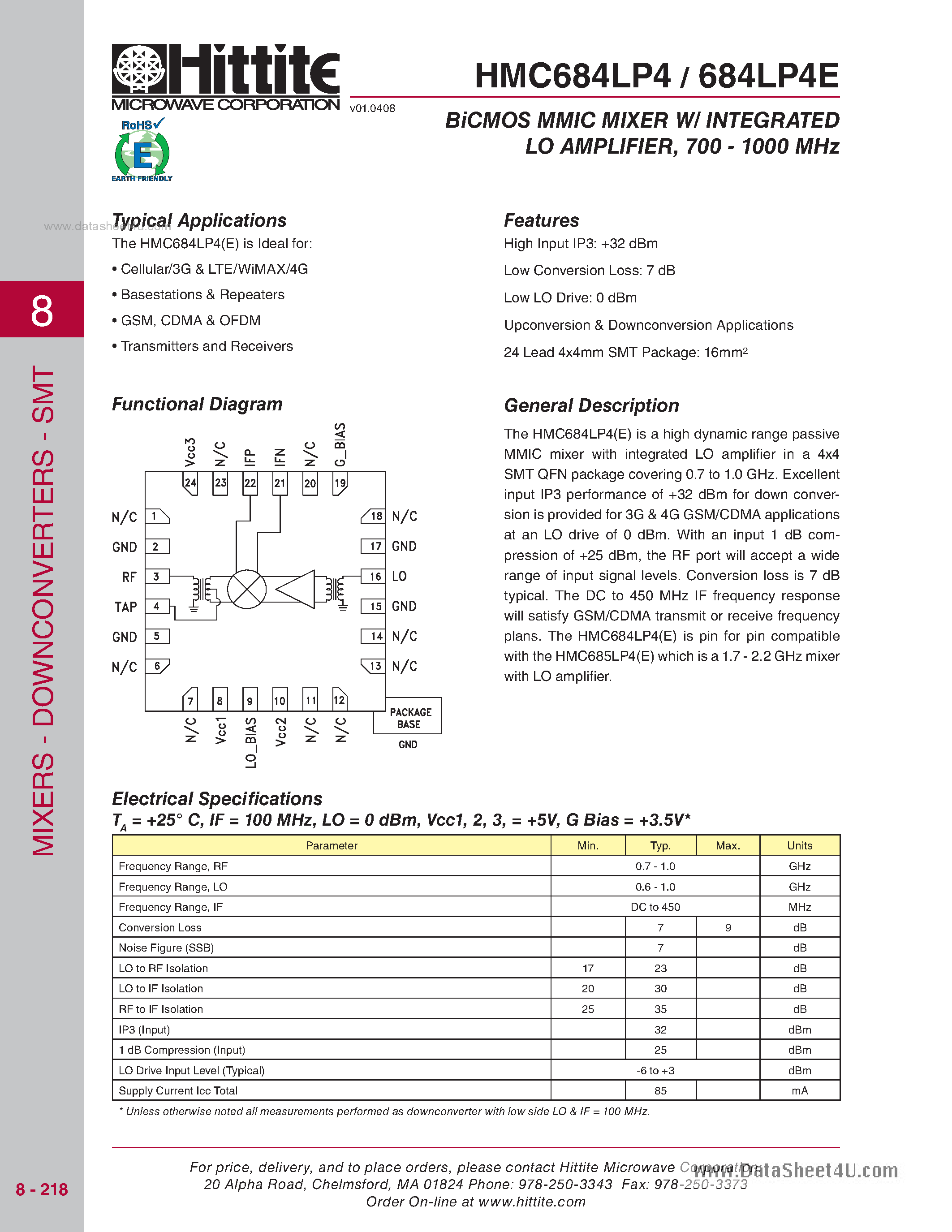 Даташит HMC684LP4 - BiCMOS Mixer W/Integrated LO Amplifier страница 1