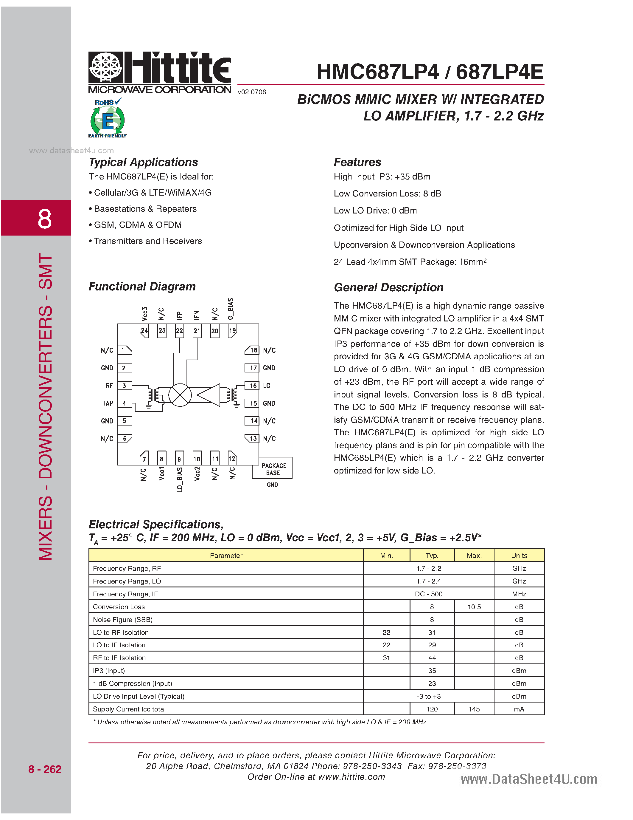 Даташит HMC687LP4 - BiCMOS MMIC Mixer W/Integrated LO Amplifier страница 1