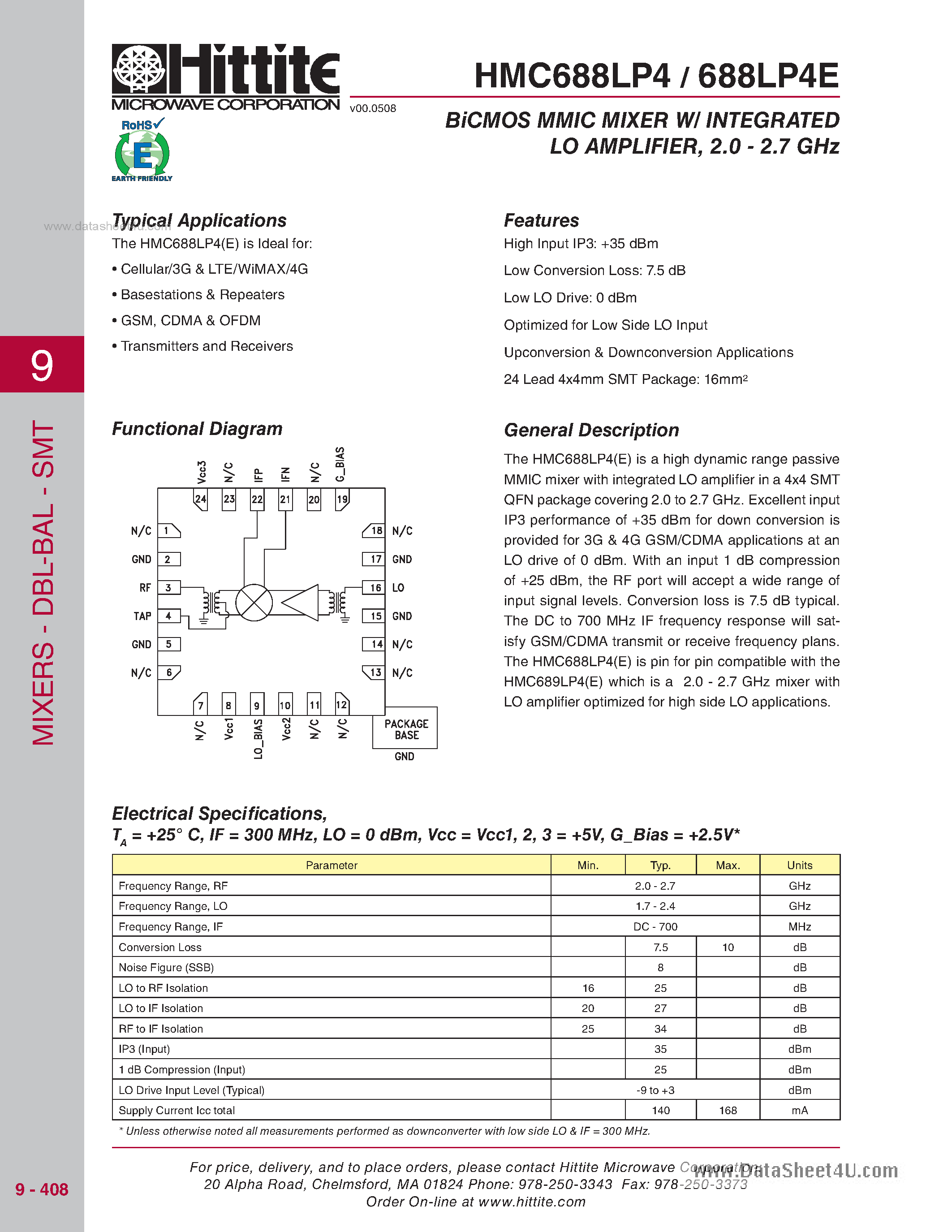 Datasheet HMC688LP4 page 1 Datasheet HMC688LP4 - BiCMOS MMIC Mixer W/ Integrated LO Amplifier page 1