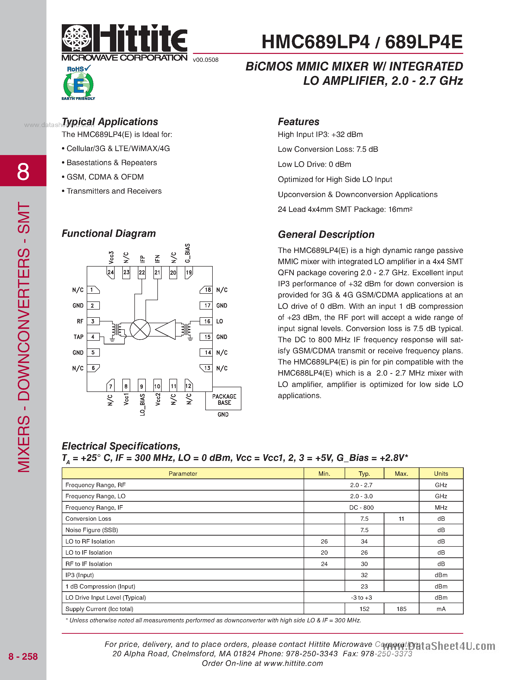 Datasheet HMC689LP4 page 1 Datasheet HMC689LP4 - BiCMOS MMIC Mixer W/Integrated LO Amplifier page 1