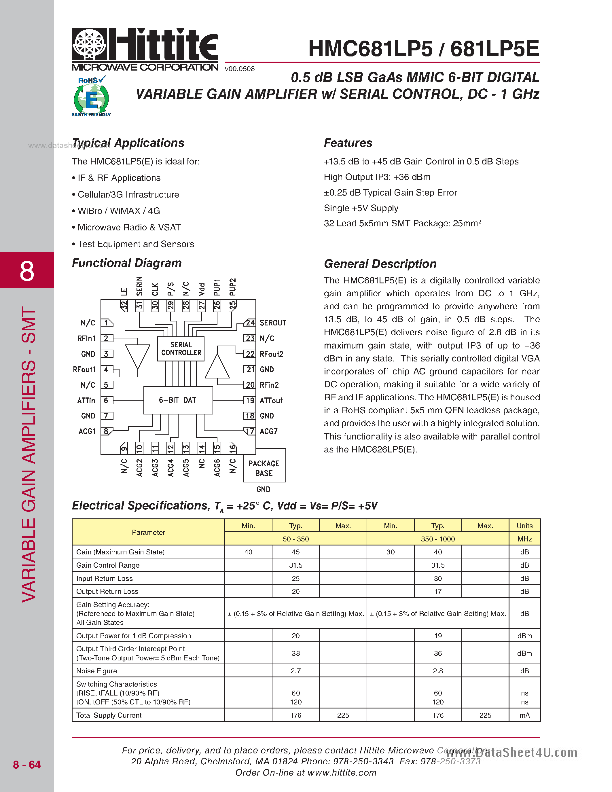 Даташит HMC681LP5 - SMT Digital Variable Gain Amplifier W/ Serial Control страница 1