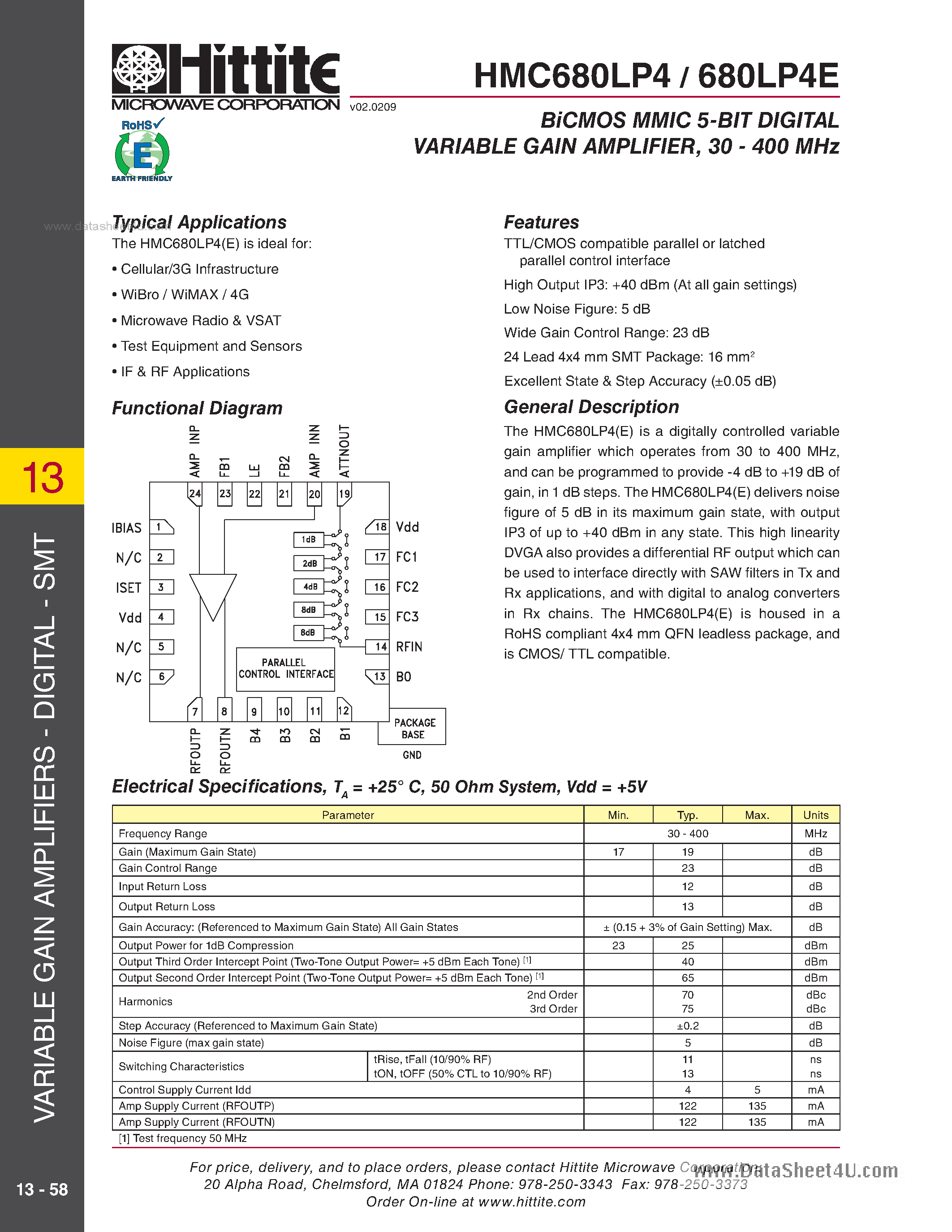 Datasheet HMC680LP4 page 1 Datasheet HMC680LP4 - BiCMOS 5-Bit Digital Variable Gain Amplifier SMT page 1