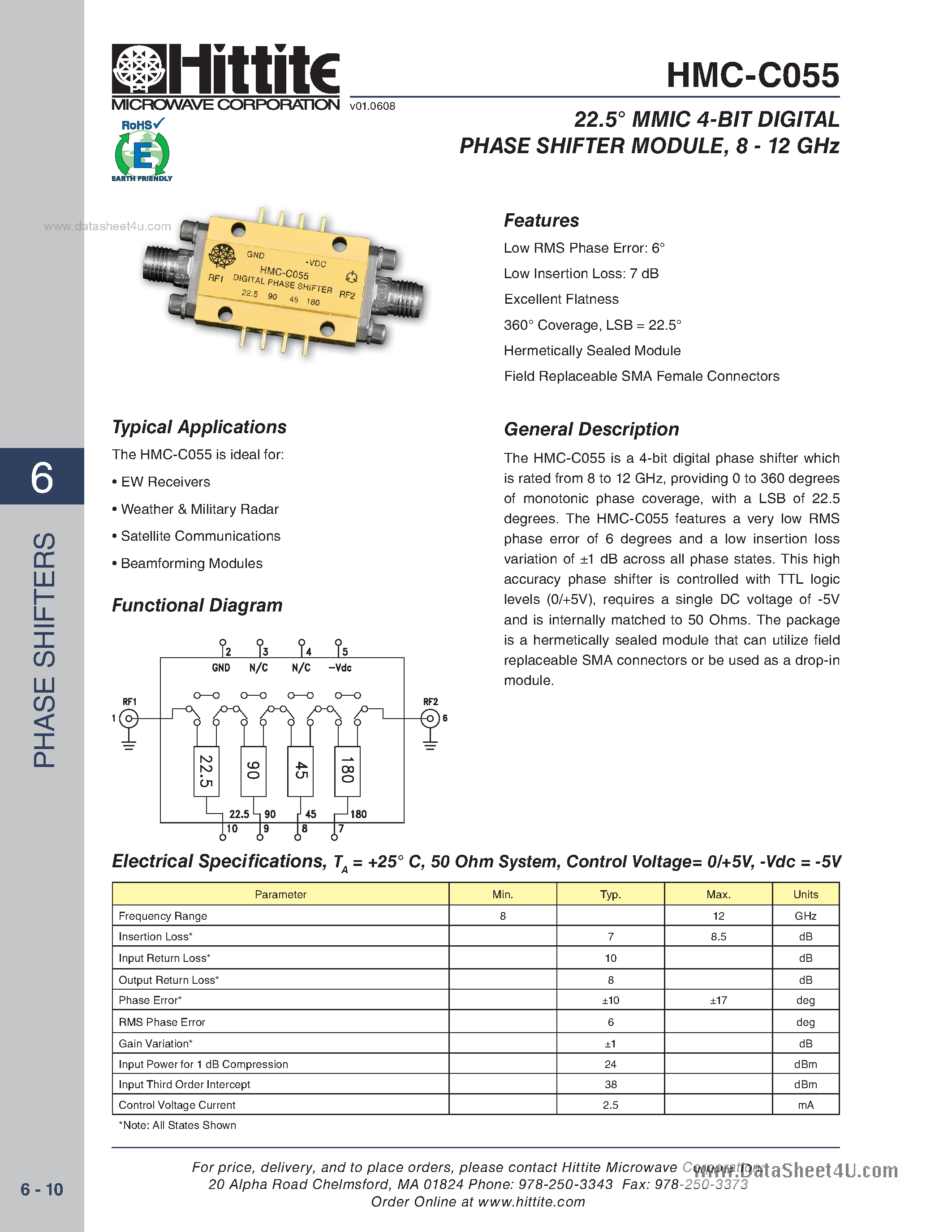 Даташит HMC-C055 - 4-Bit Digital Phase Shifter Module страница 1