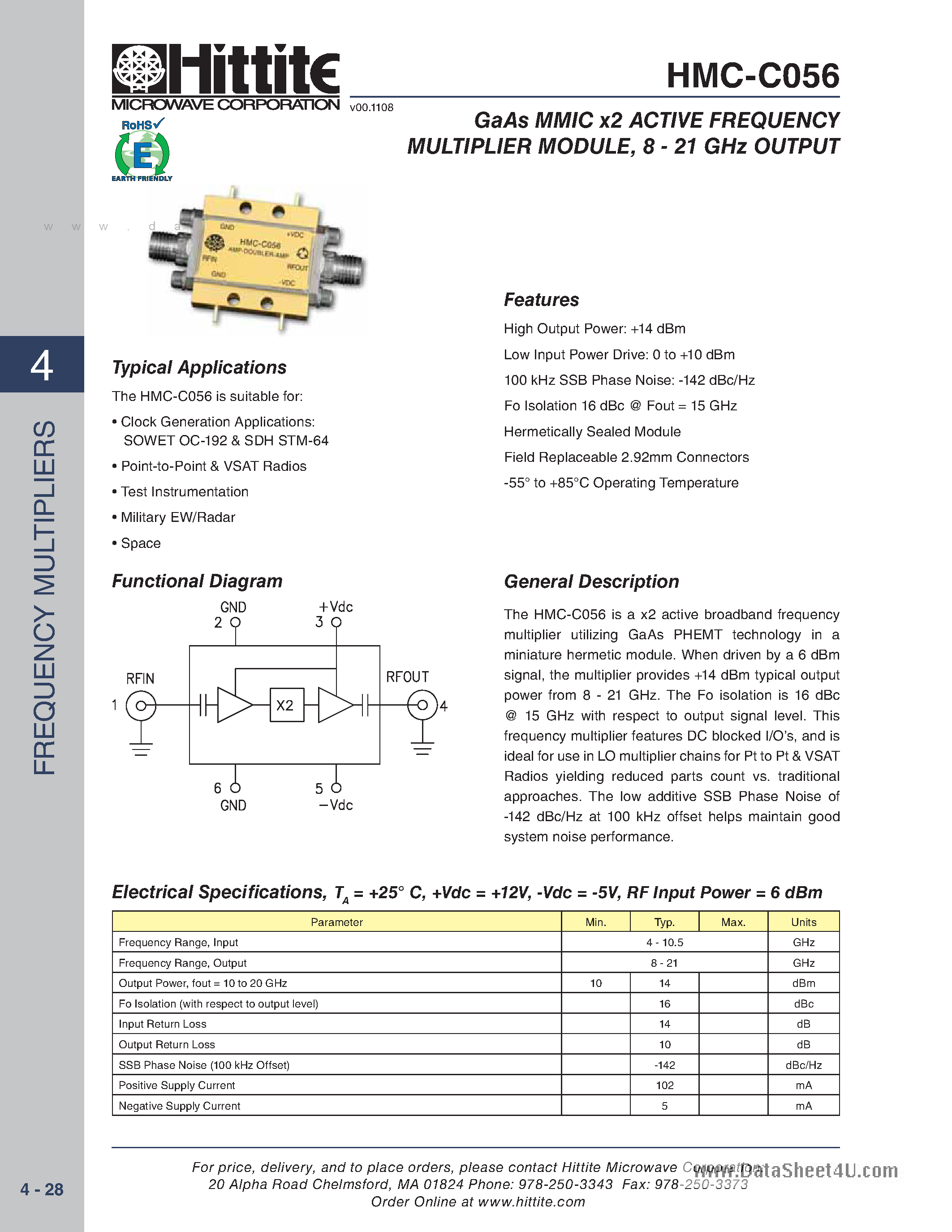 Даташит HMC-C056 - X2 Active Frequency Multiplier Module страница 1