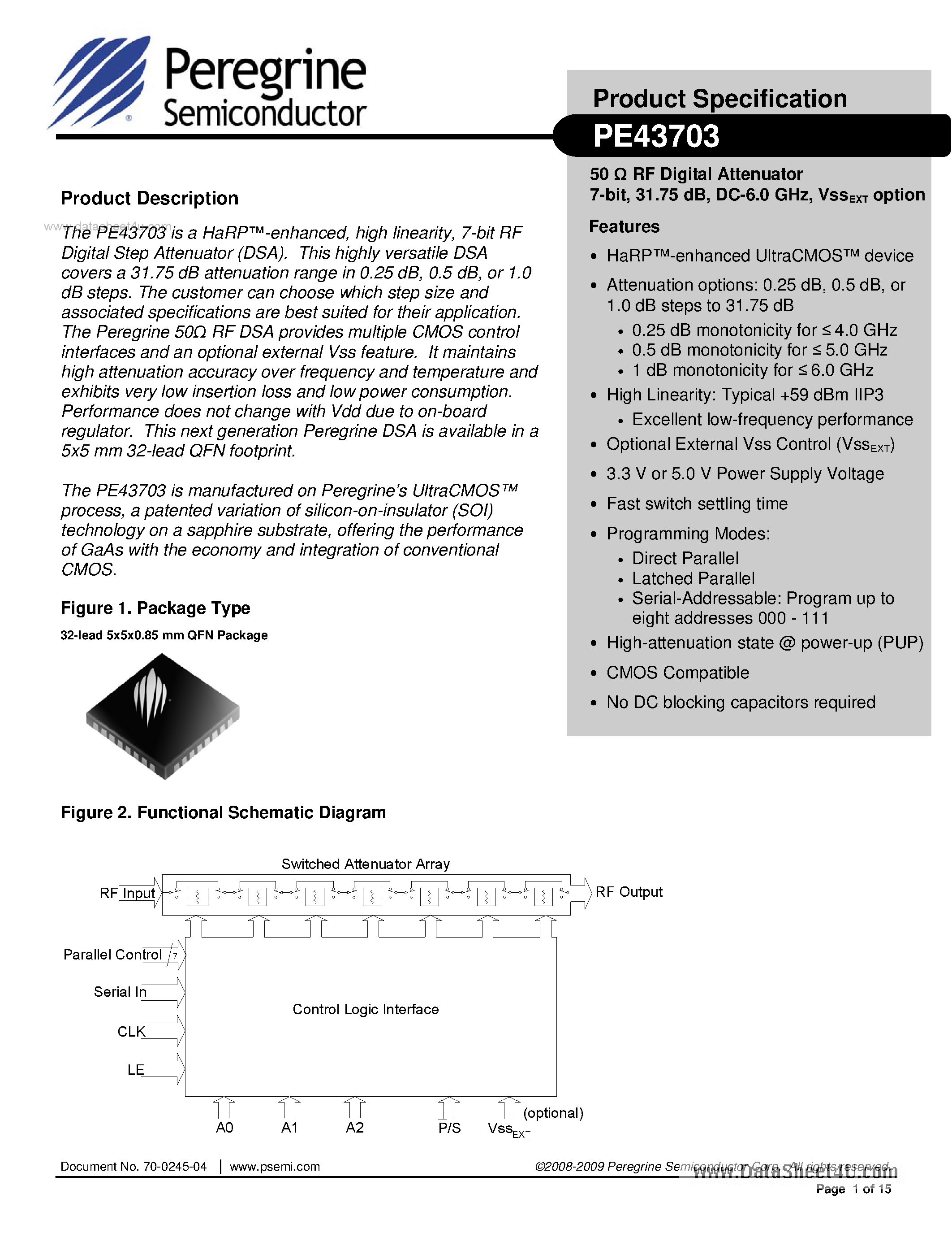 Даташит на микросхему PE43703 страница 1 Даташит PE43703 - RF Digital Attenuator 7-bit страница 1