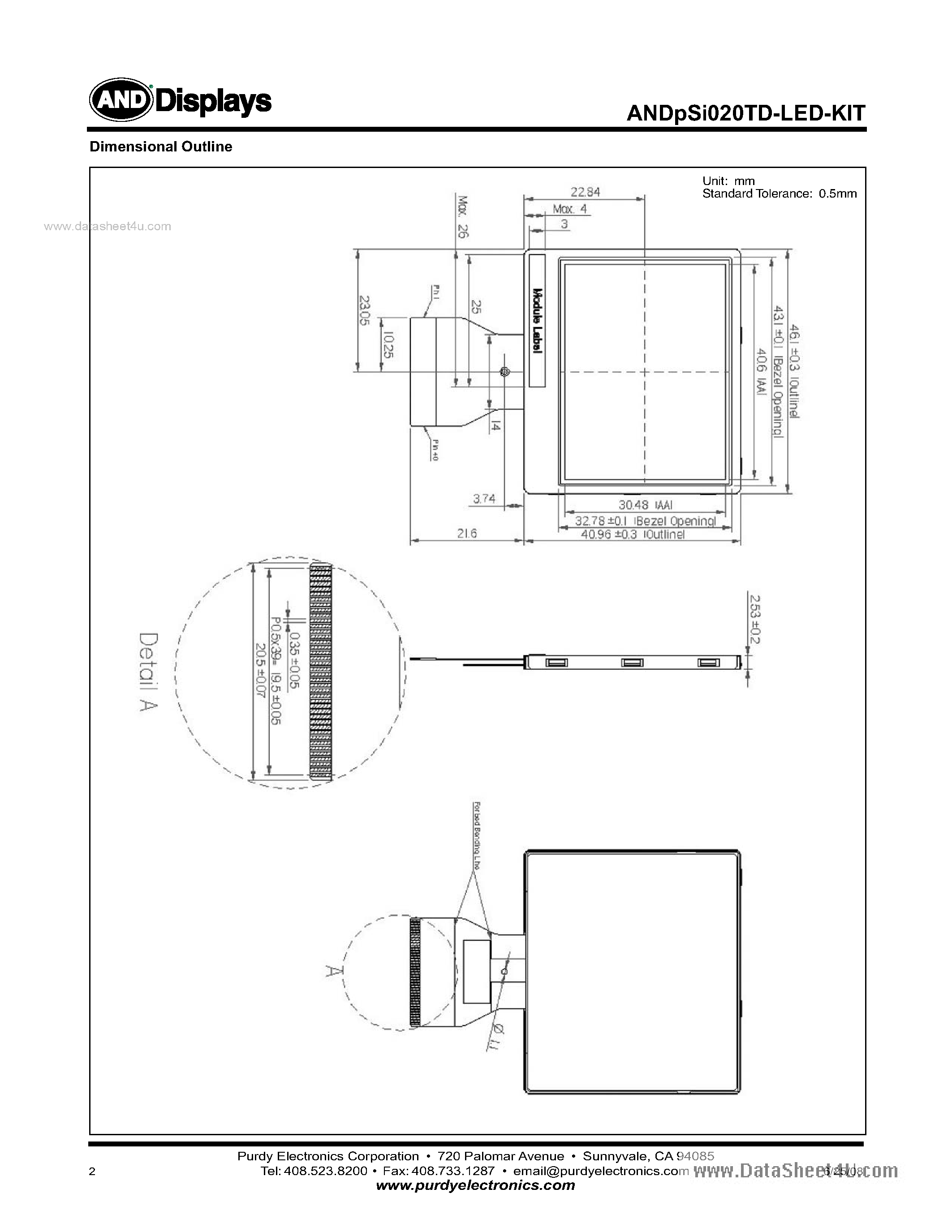 Даташит ANDPSI020TD-LED-KIT - Active color TFT LCD Module страница 2