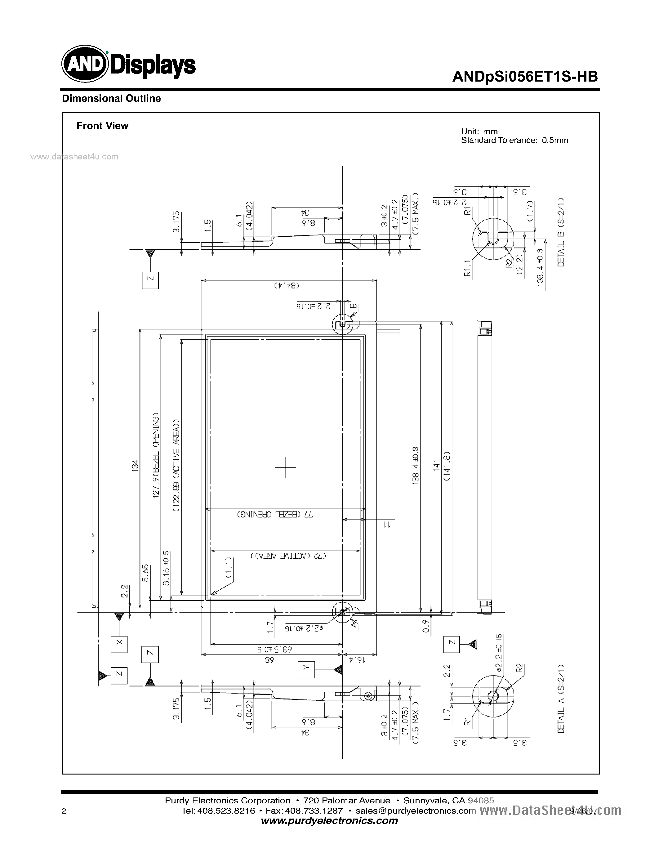 Datasheet ANDPSI056ET1S-HB - WSVGA Color p-Si TFT LCD Module page 2