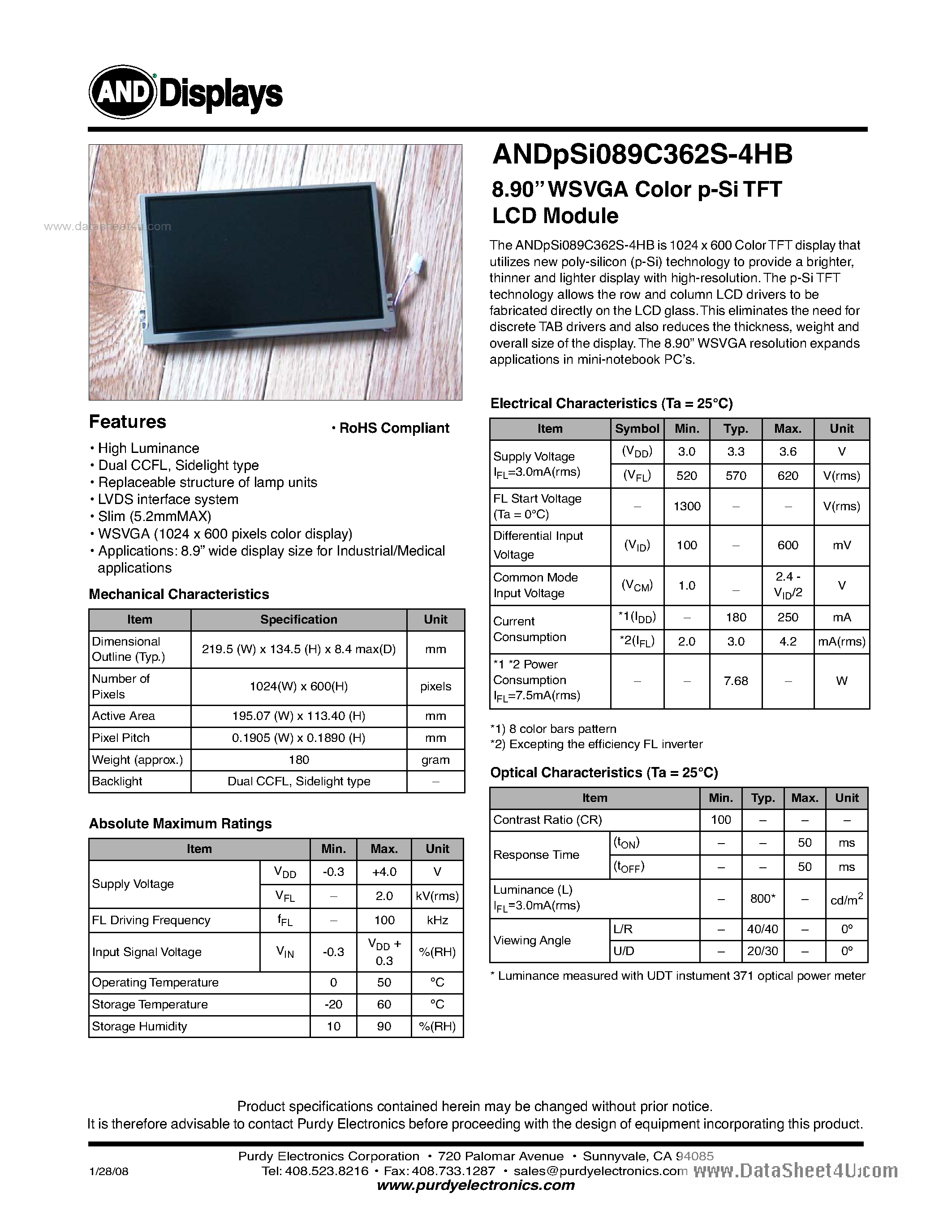Datasheet ANDPSI089C362S-4HB - WSVGA Color p-Si TFT LCD Module page 1