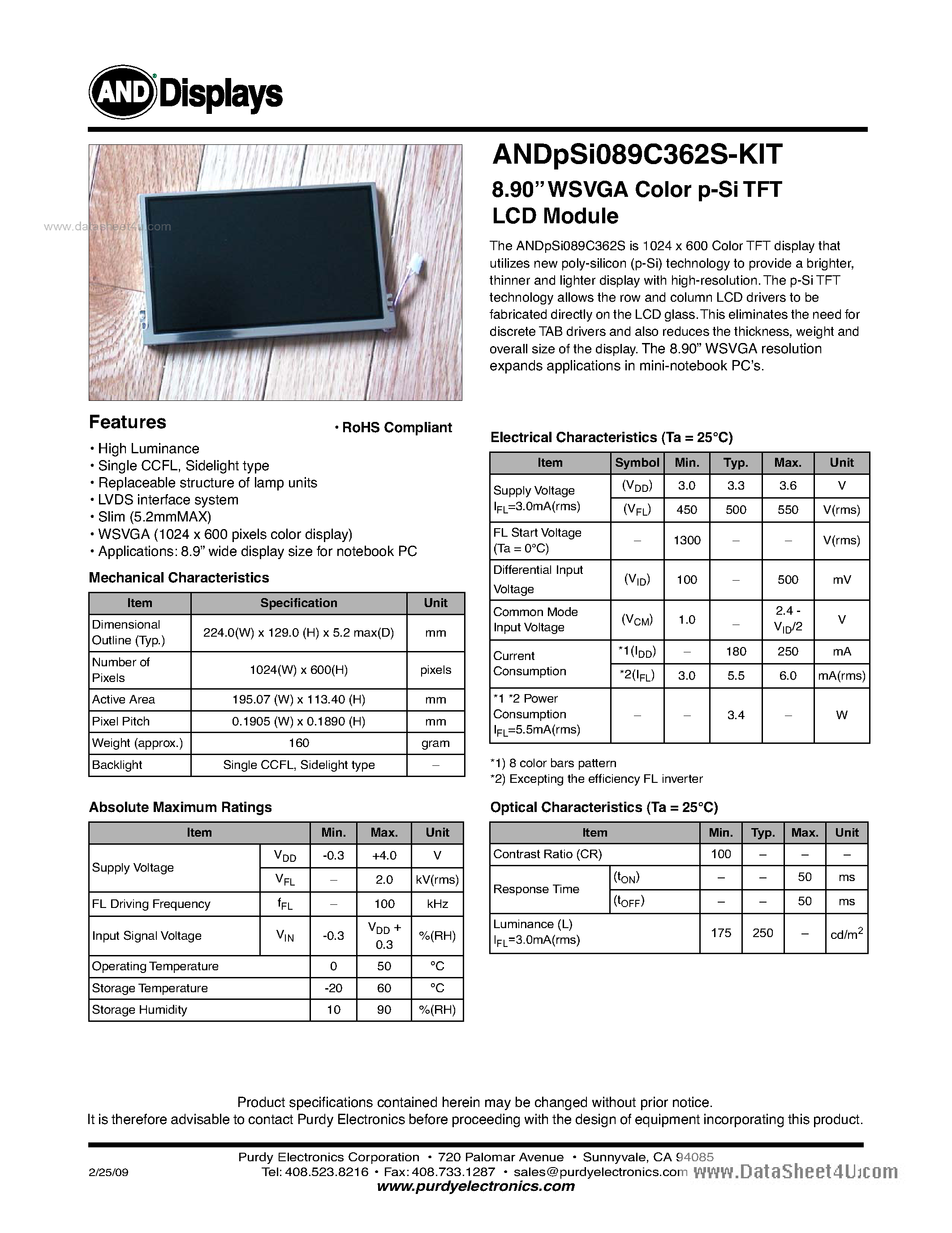 Datasheet ANDPSI089C362S-KIT - WSVGA Color p-Si TFT LCD Module page 1